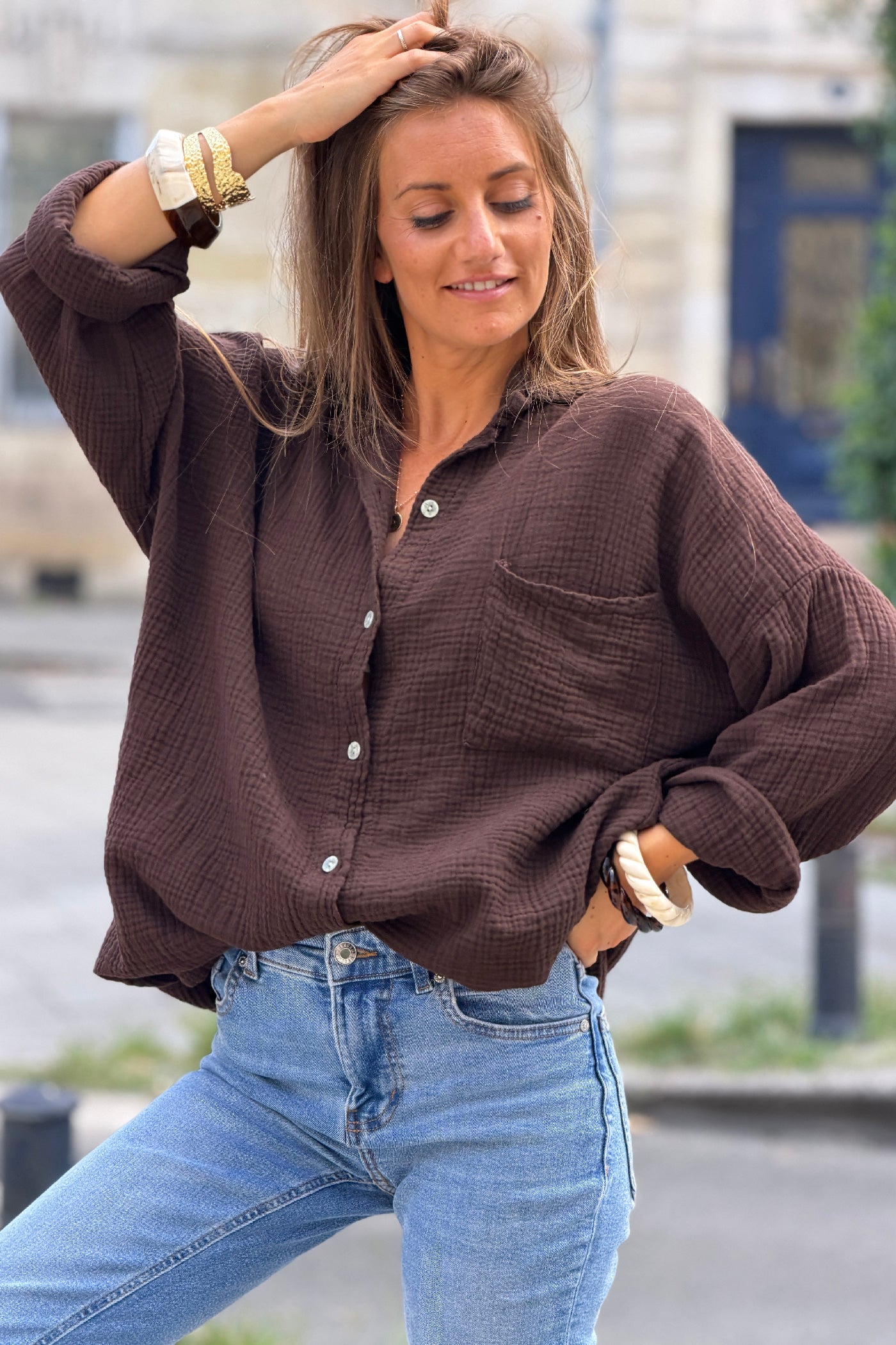 Brown Crinkle Gauze Button-Down Beach Shirt