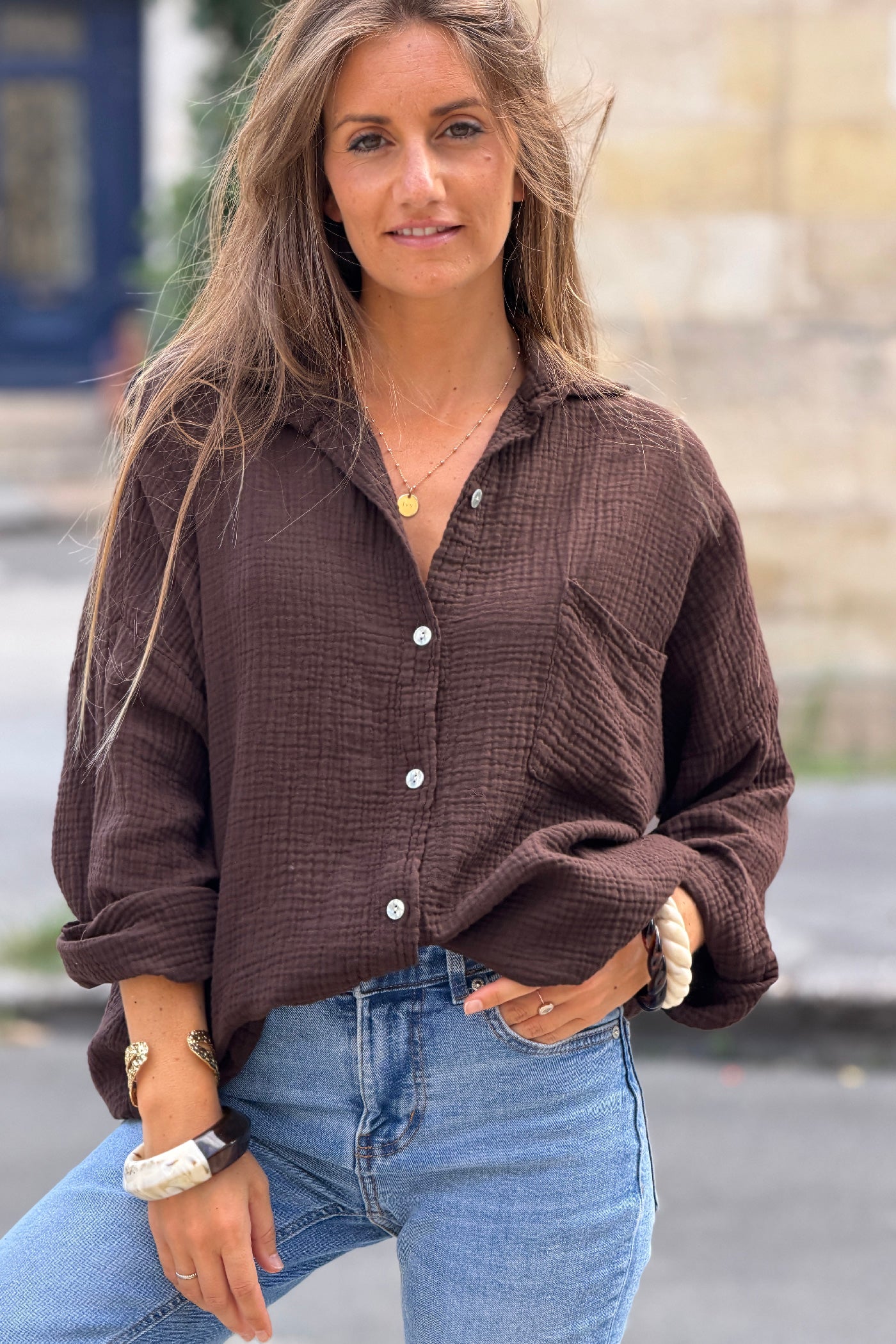Brown Crinkle Gauze Button-Down Beach Shirt