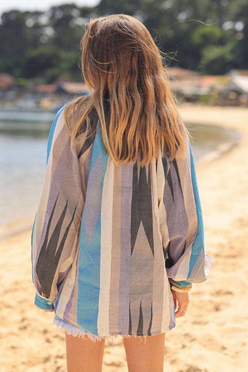 Aztec woven shirt with blue and lilac stripes