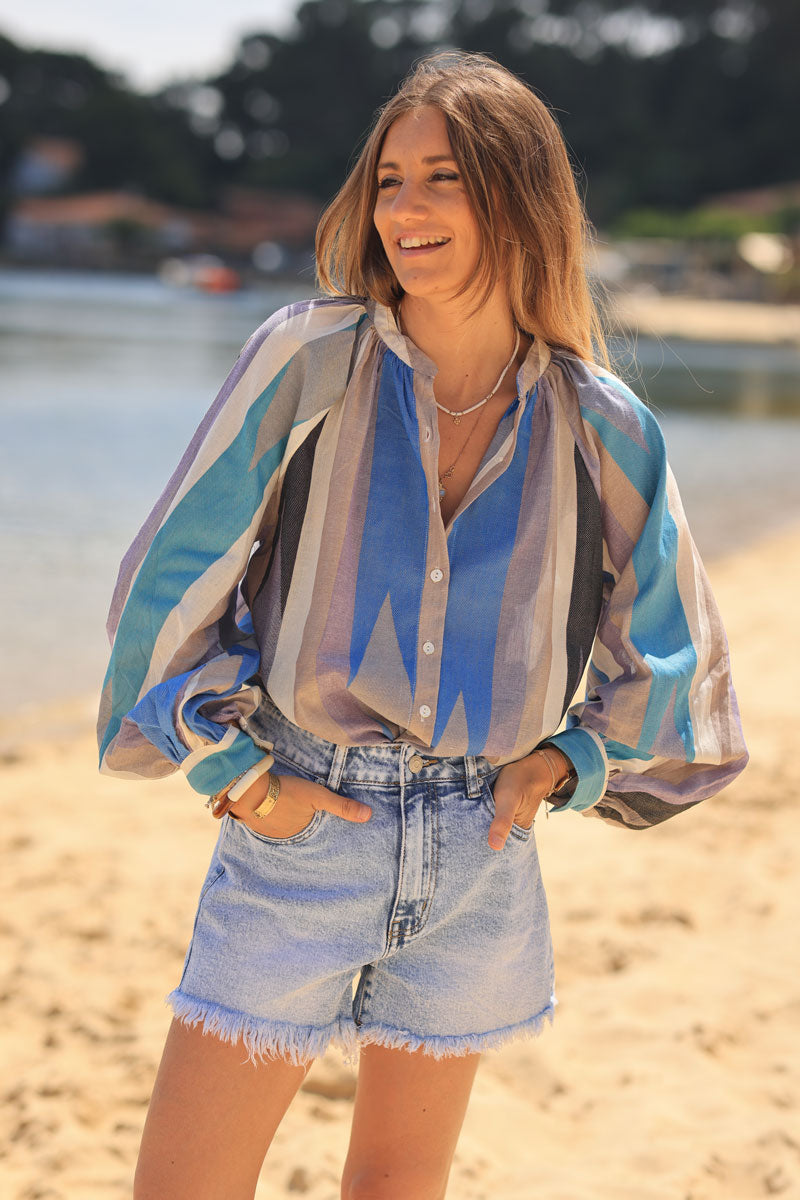 Aztec woven shirt with blue and lilac stripes