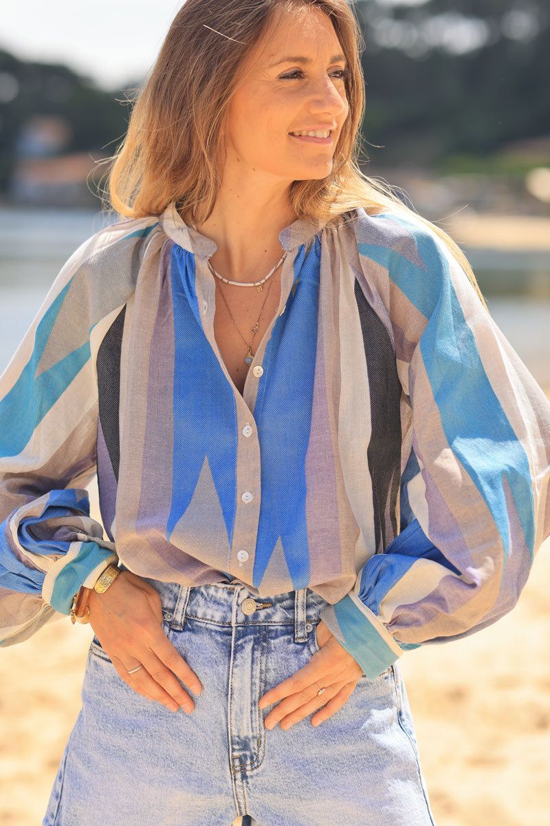 Aztec woven shirt with blue and lilac stripes