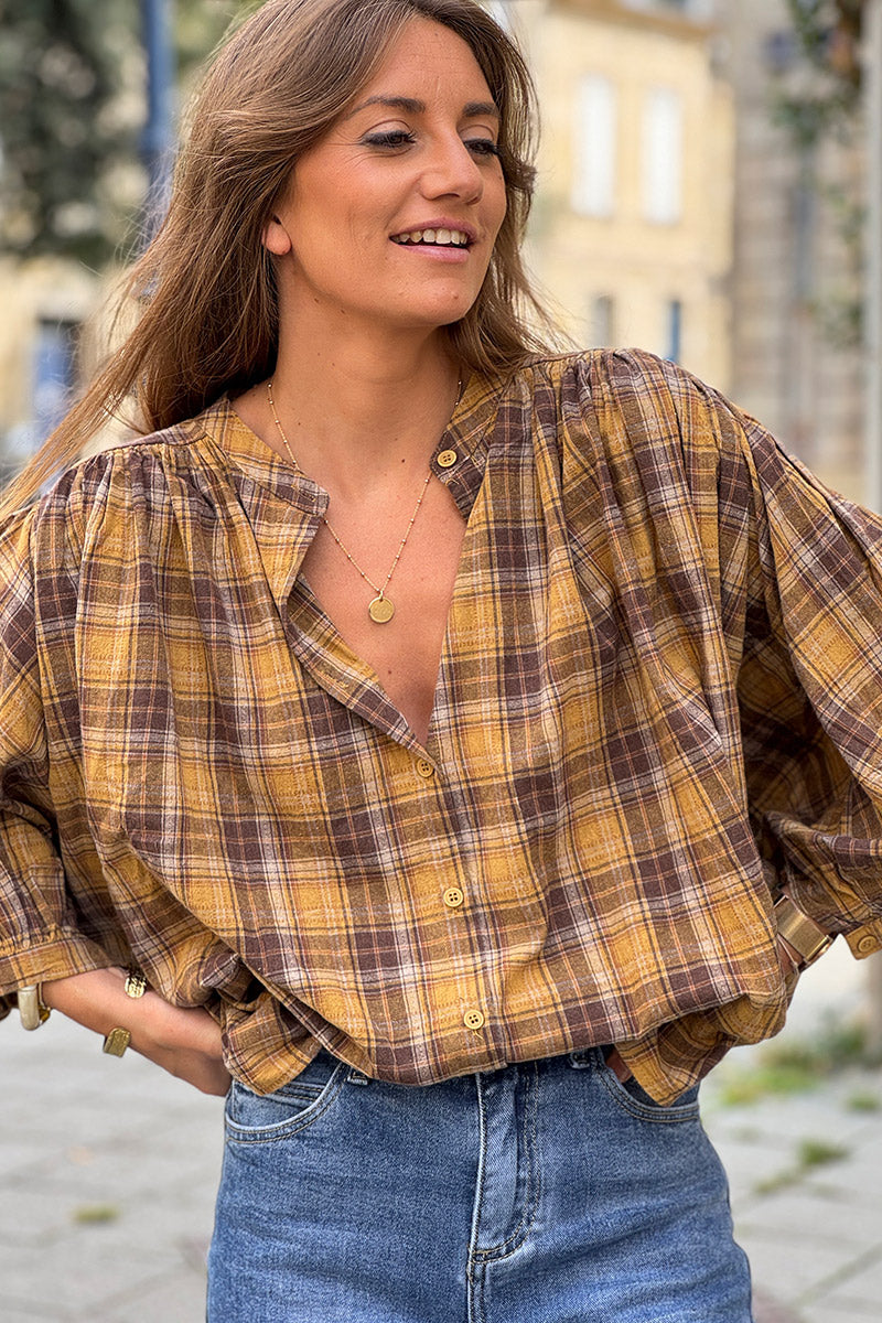 Chemise moutarde en coton style flanelle imprimé carreaux manches chauve souris