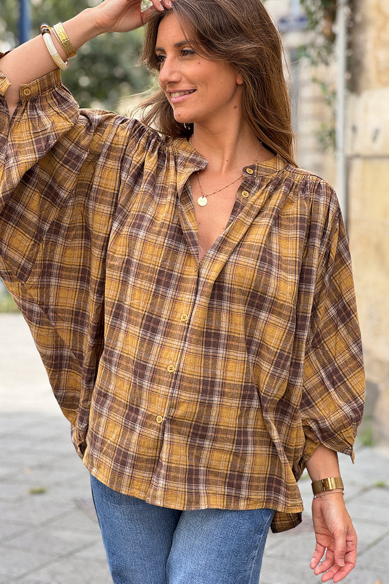 Chemise moutarde en coton style flanelle imprimé carreaux manches chauve souris
