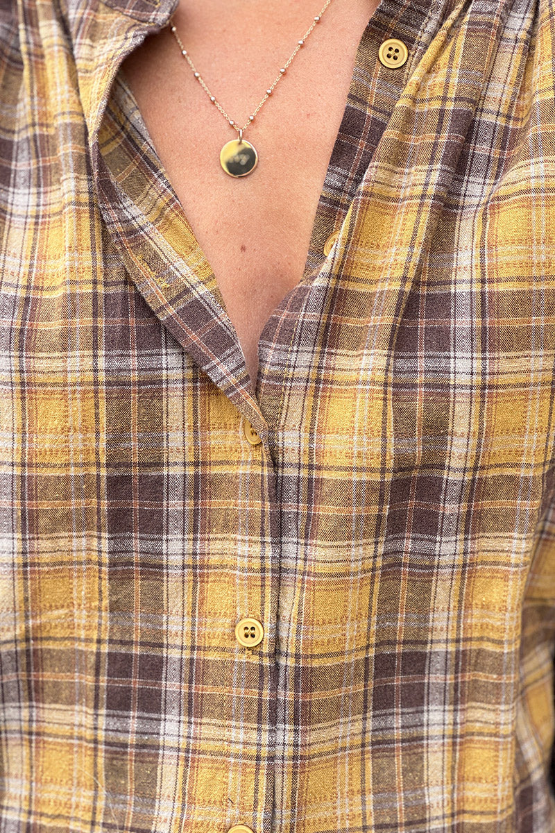Chemise moutarde en coton style flanelle imprimé carreaux manches chauve souris