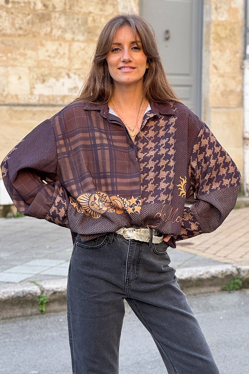 Chocolate Brown Mystic Patterns Button-Down Blouse