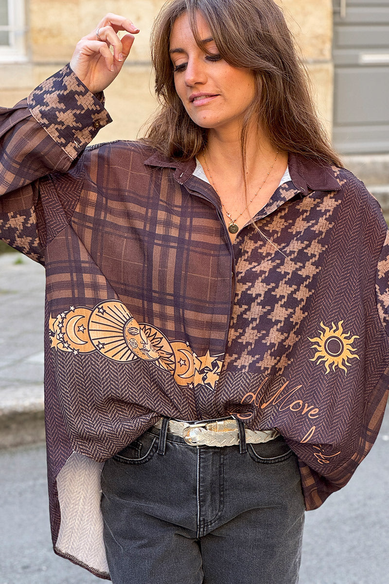 Chocolate Brown Mystic Patterns Button-Down Blouse