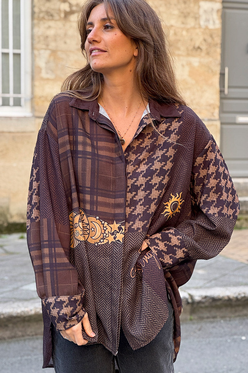 Chocolate Brown Mystic Patterns Button-Down Blouse