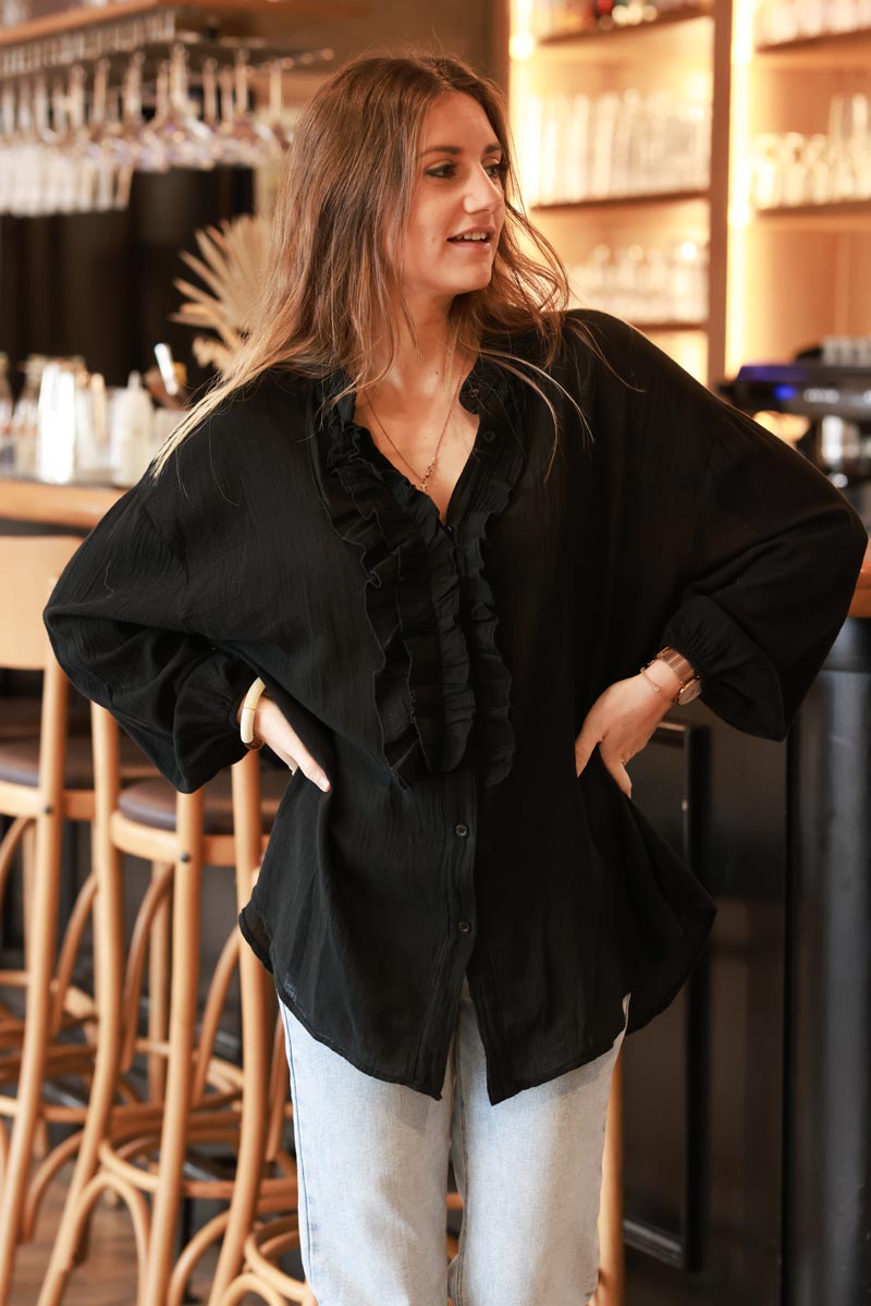 Black Cotton Gauze Ruffled Blouse