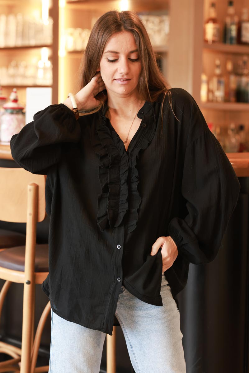 Black Cotton Gauze Ruffled Blouse