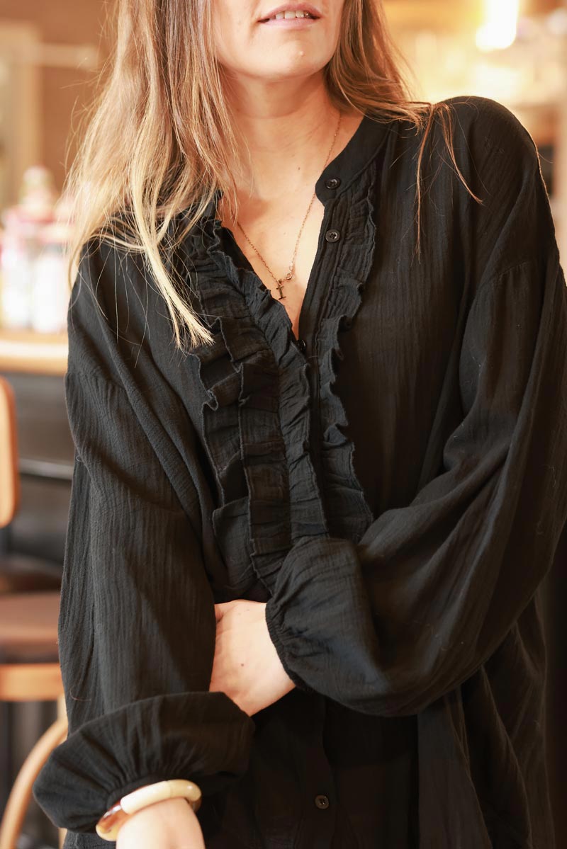 Black Cotton Gauze Ruffled Blouse