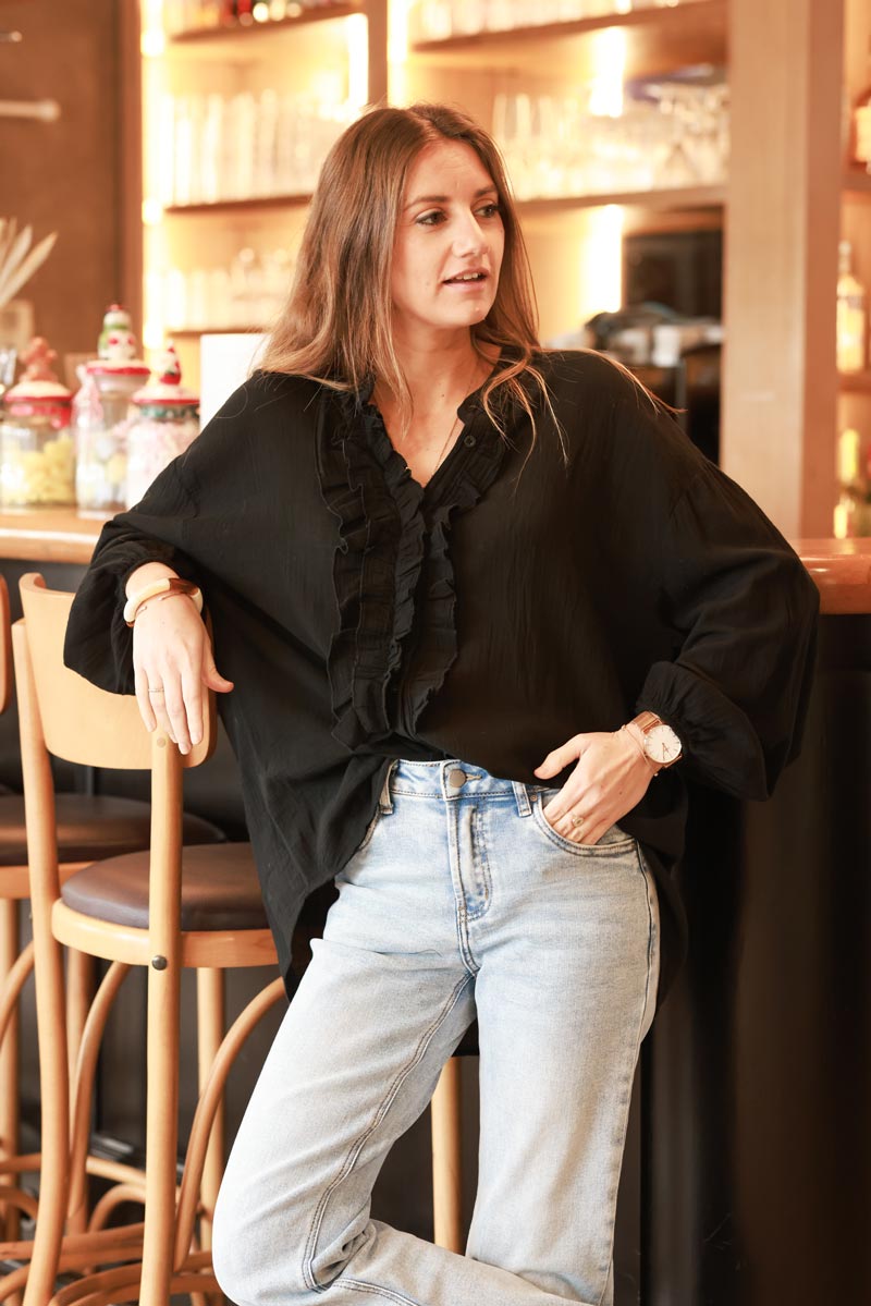 Black Cotton Gauze Ruffled Blouse