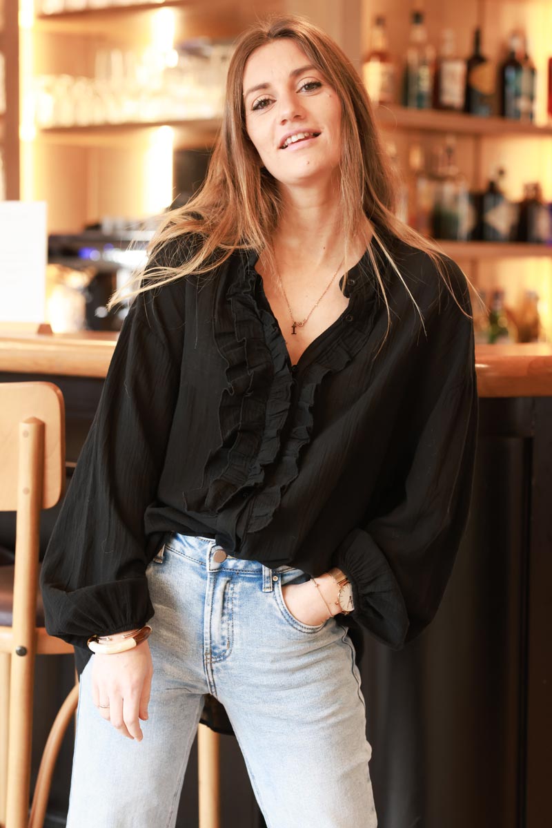 Black Cotton Gauze Ruffled Blouse