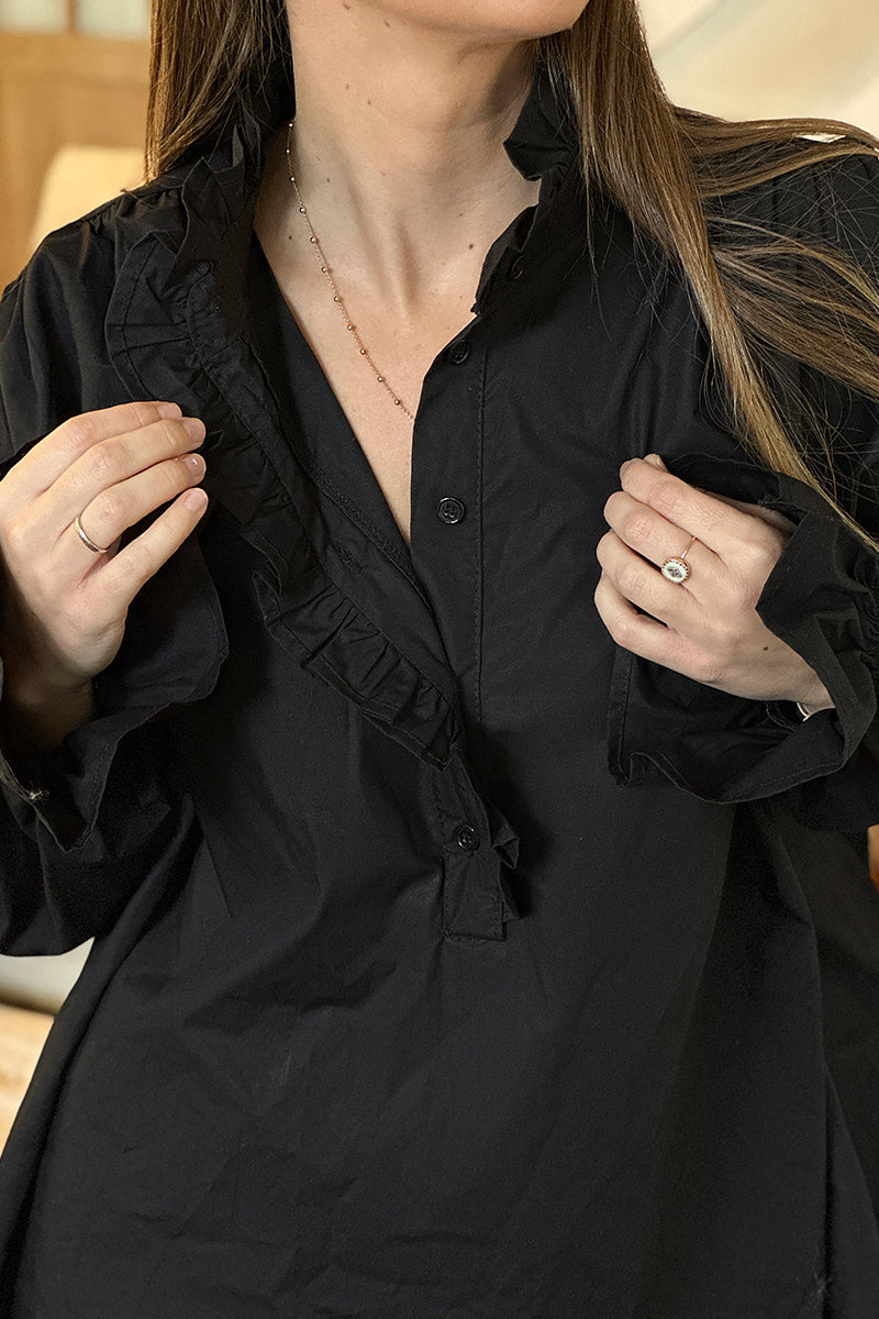 Black Poplin Romantic Ruffles Blouse