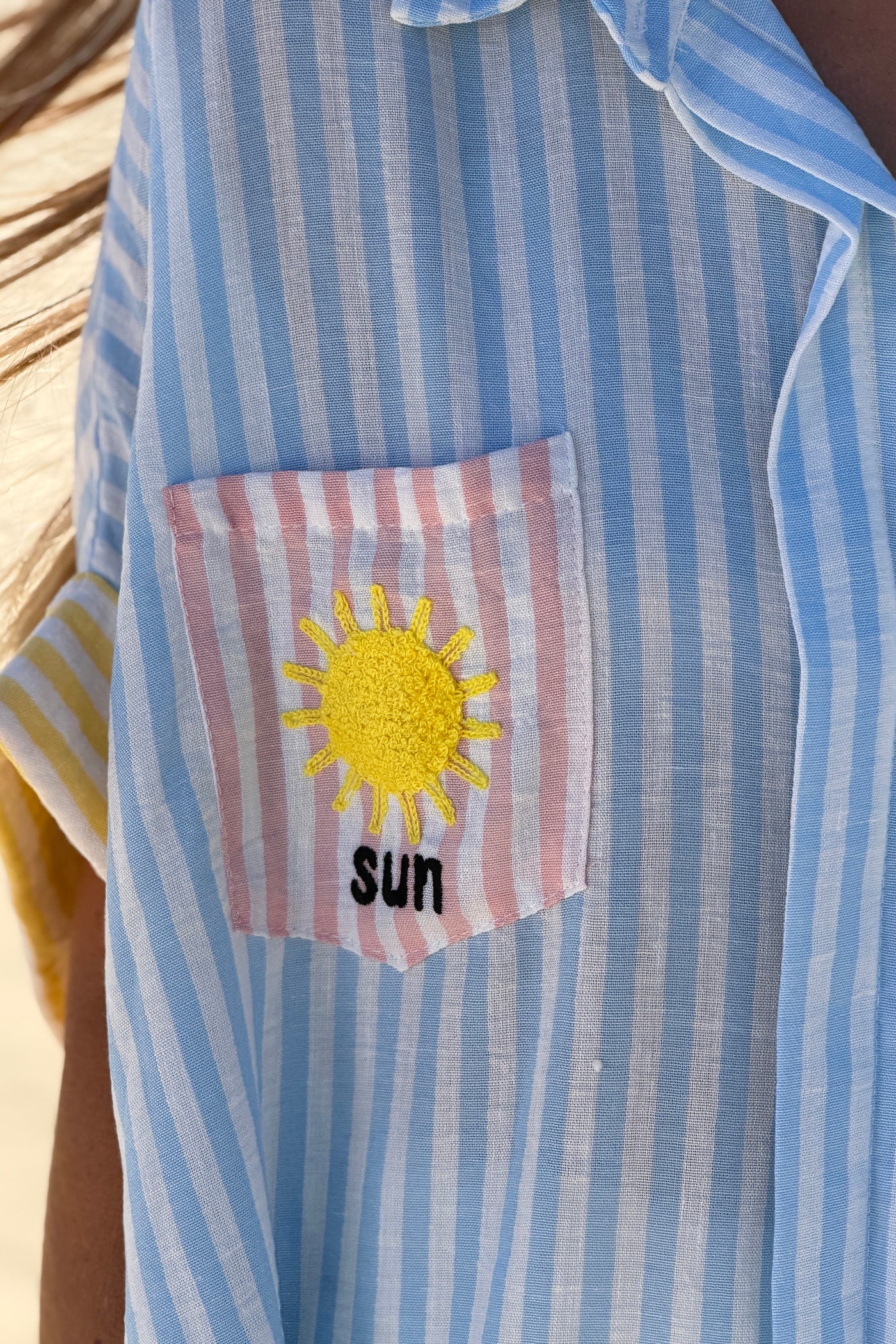 Blue Pastel Pinstripe Embroidered Pocket Blouse