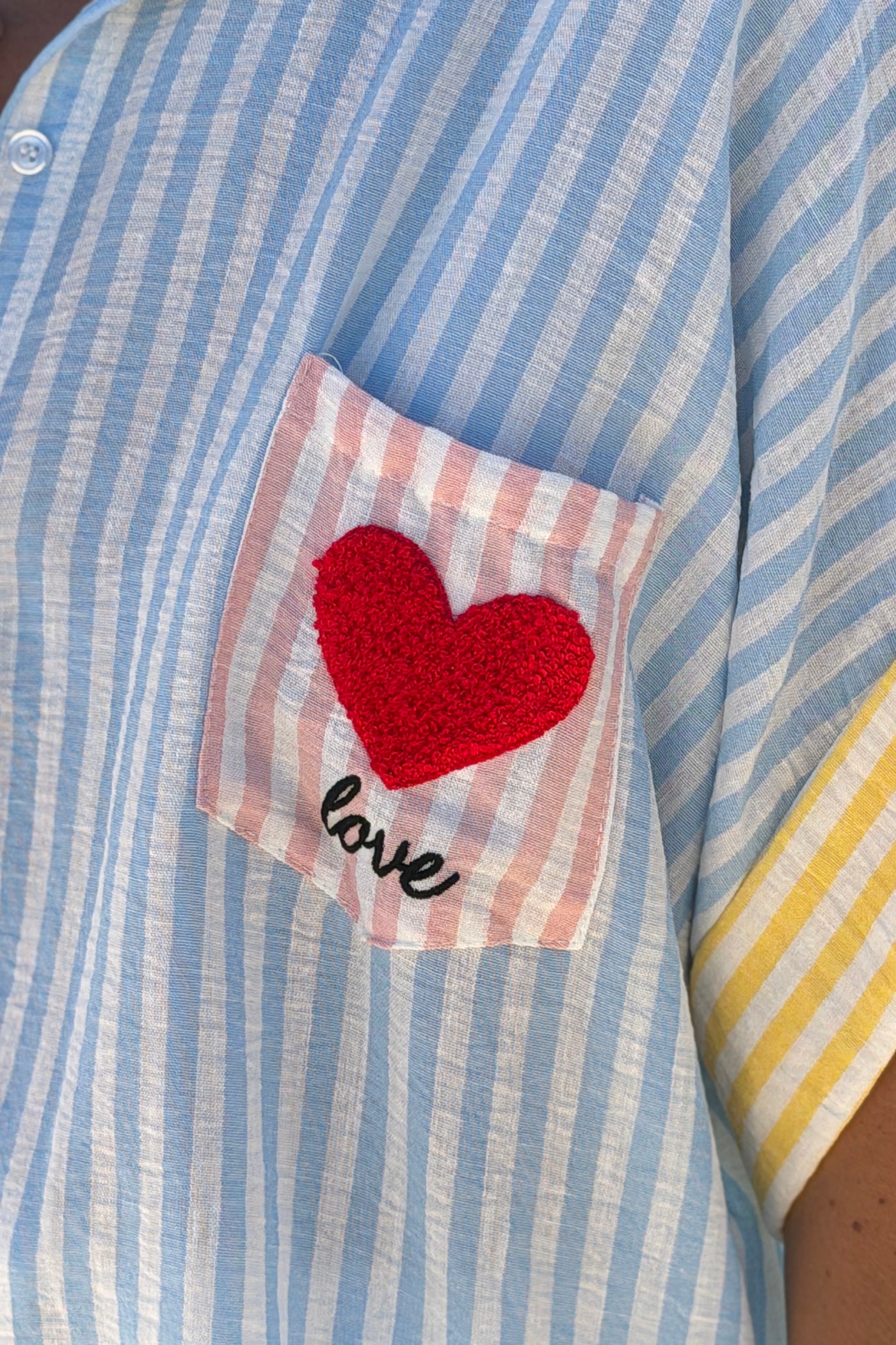 Blue Pastel Pinstripe Embroidered Pocket Blouse