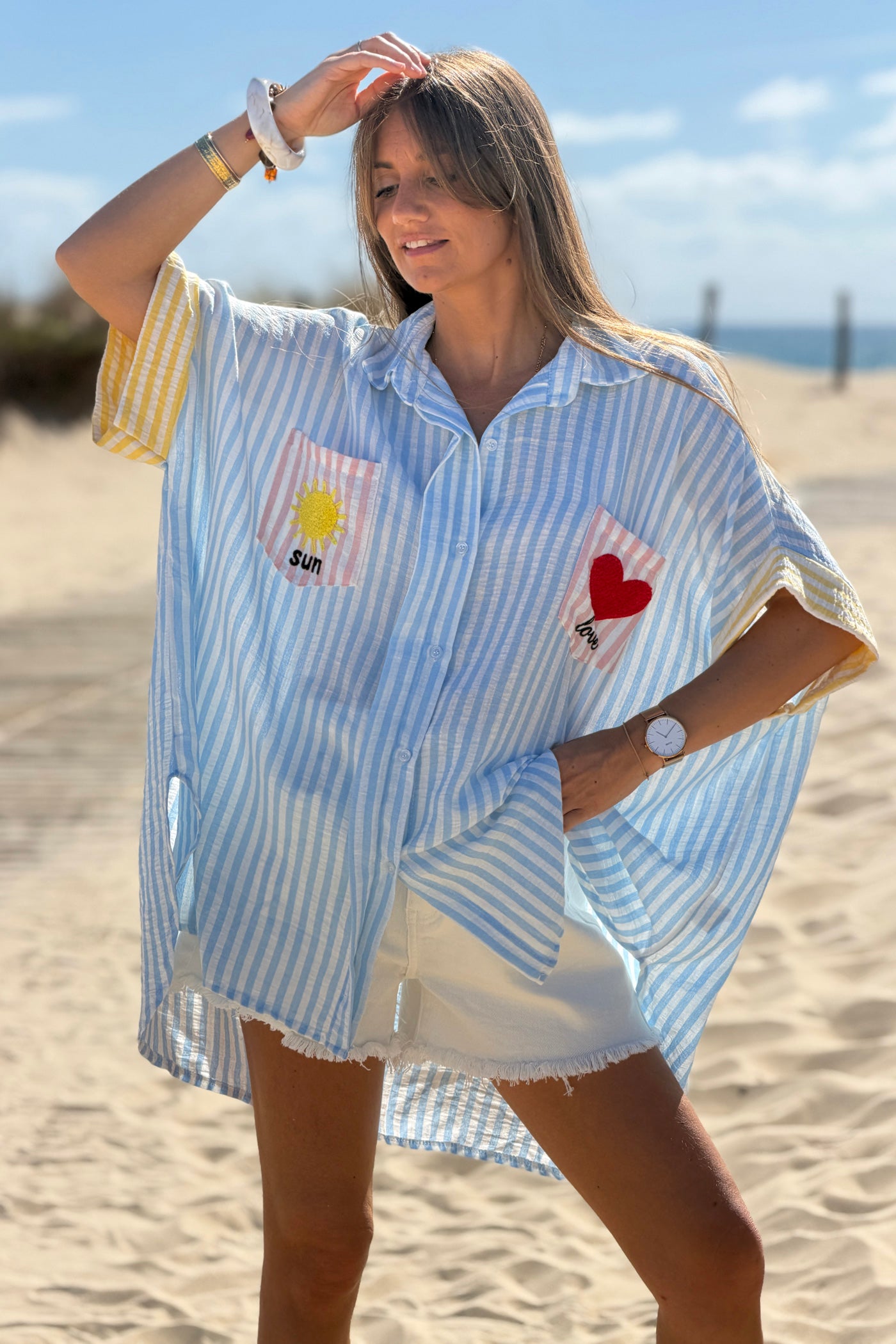 Blue Pastel Pinstripe Embroidered Pocket Blouse