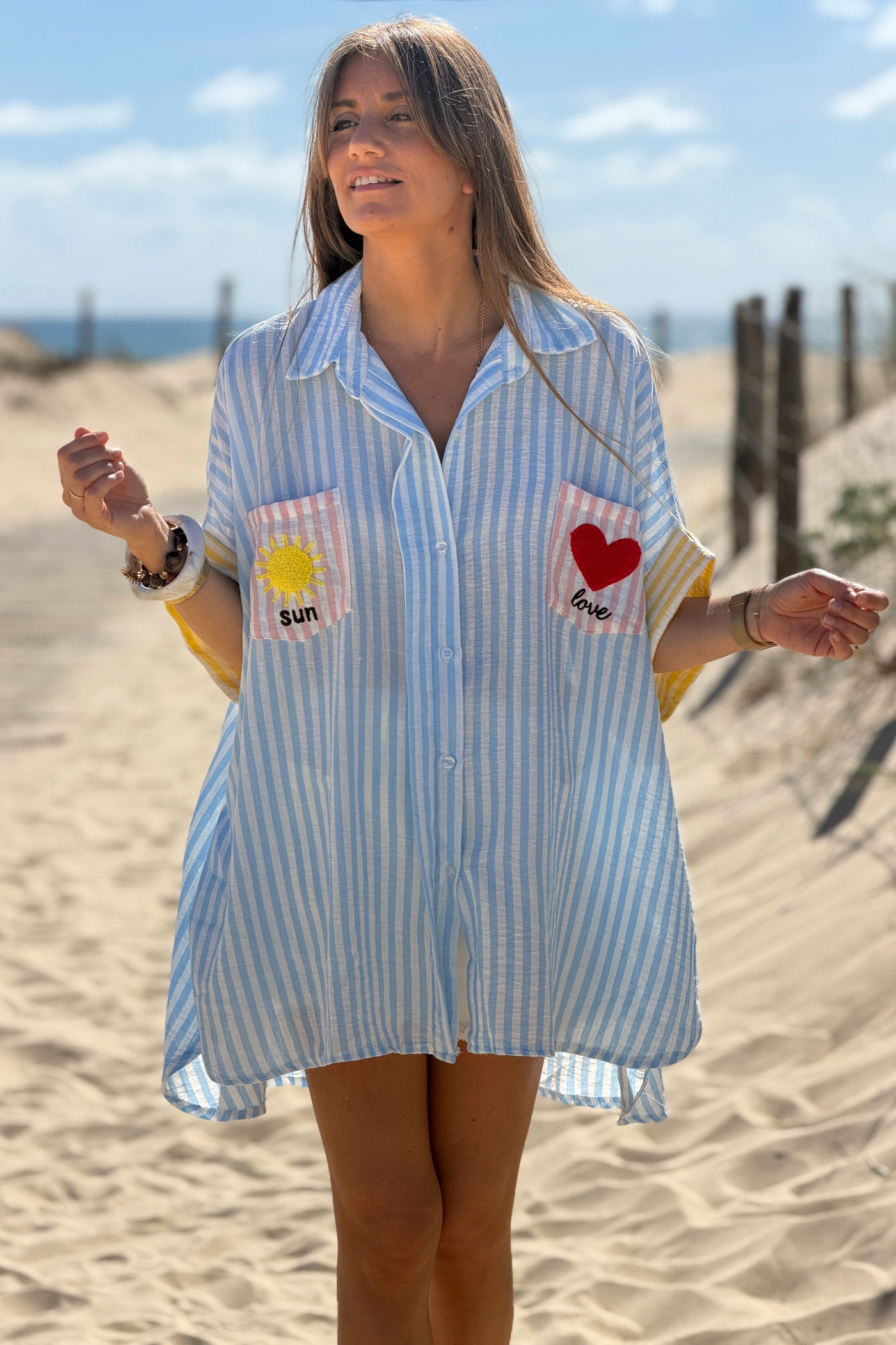 Blue Pastel Pinstripe Embroidered Pocket Blouse