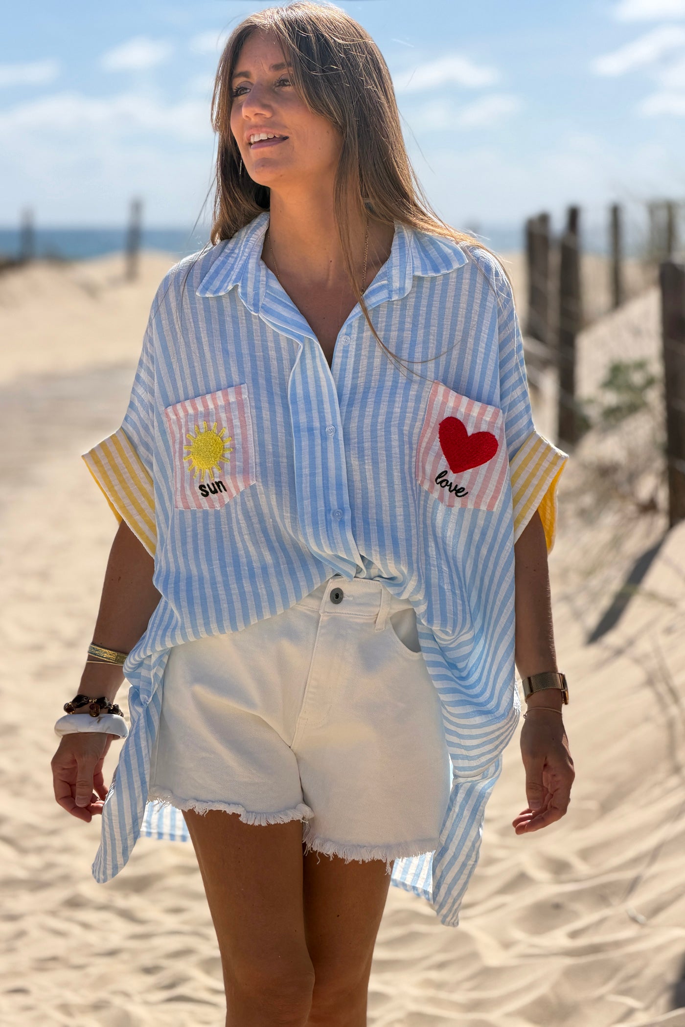 Blue Pastel Pinstripe Embroidered Pocket Blouse