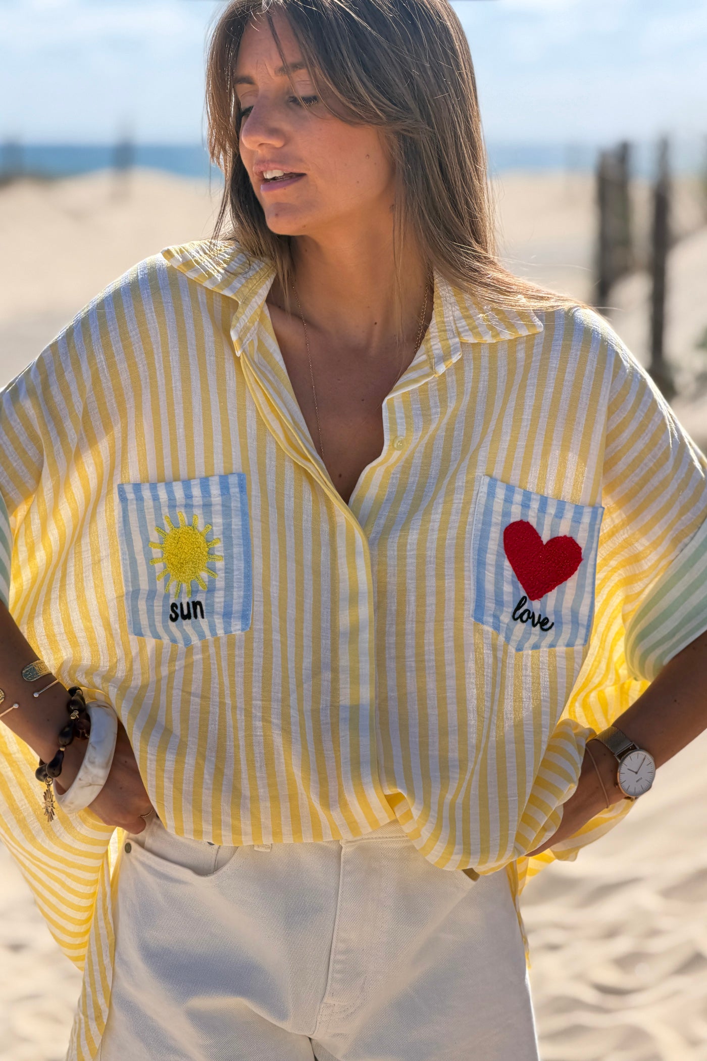 Yellow Pastel Pinstripe Embroidered Pocket Blouse