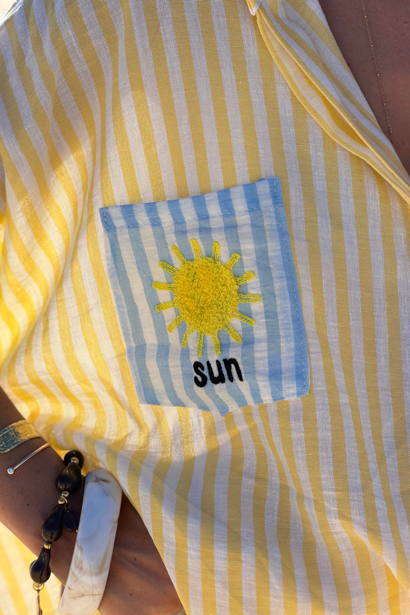 Yellow Pastel Pinstripe Embroidered Pocket Blouse