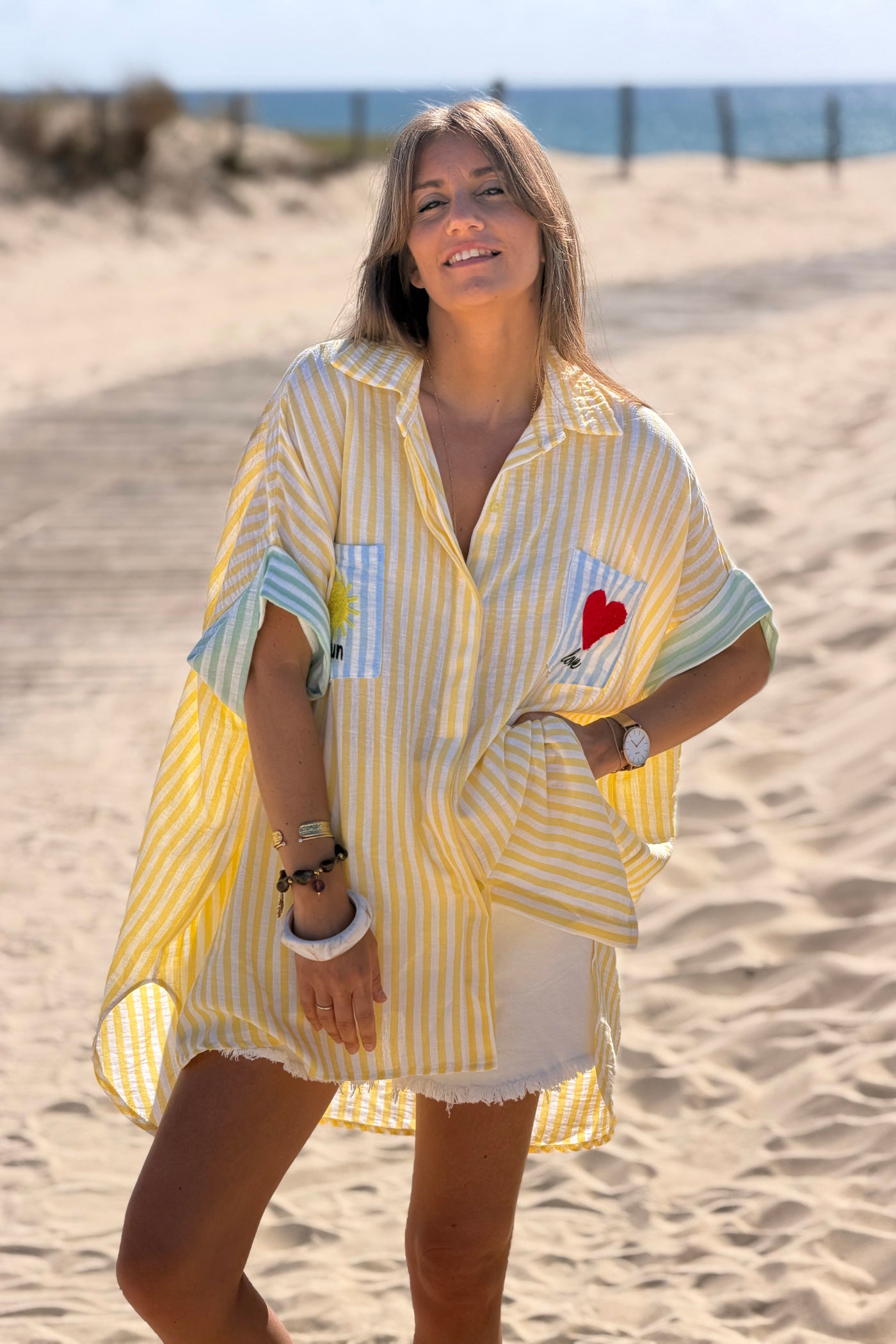 Yellow Pastel Pinstripe Embroidered Pocket Blouse