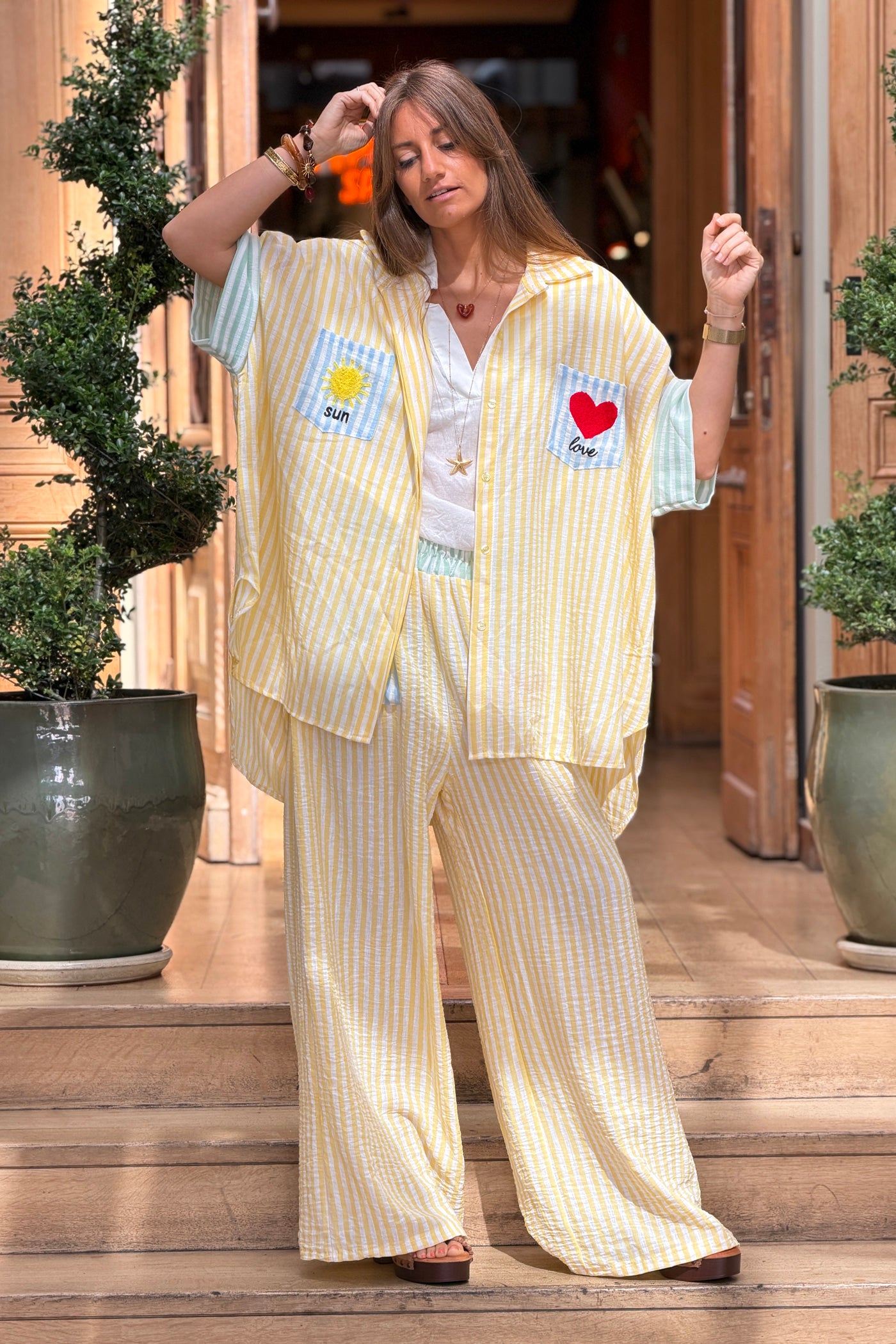 Yellow Pastel Pinstripe Embroidered Pocket Blouse