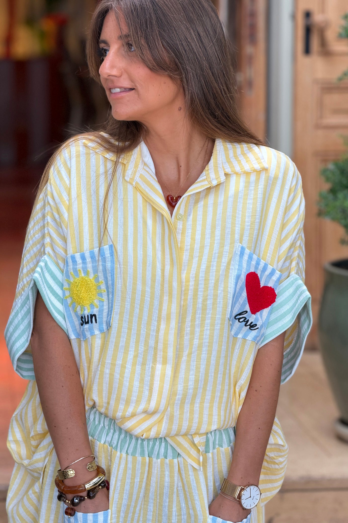 Yellow Pastel Pinstripe Embroidered Pocket Blouse