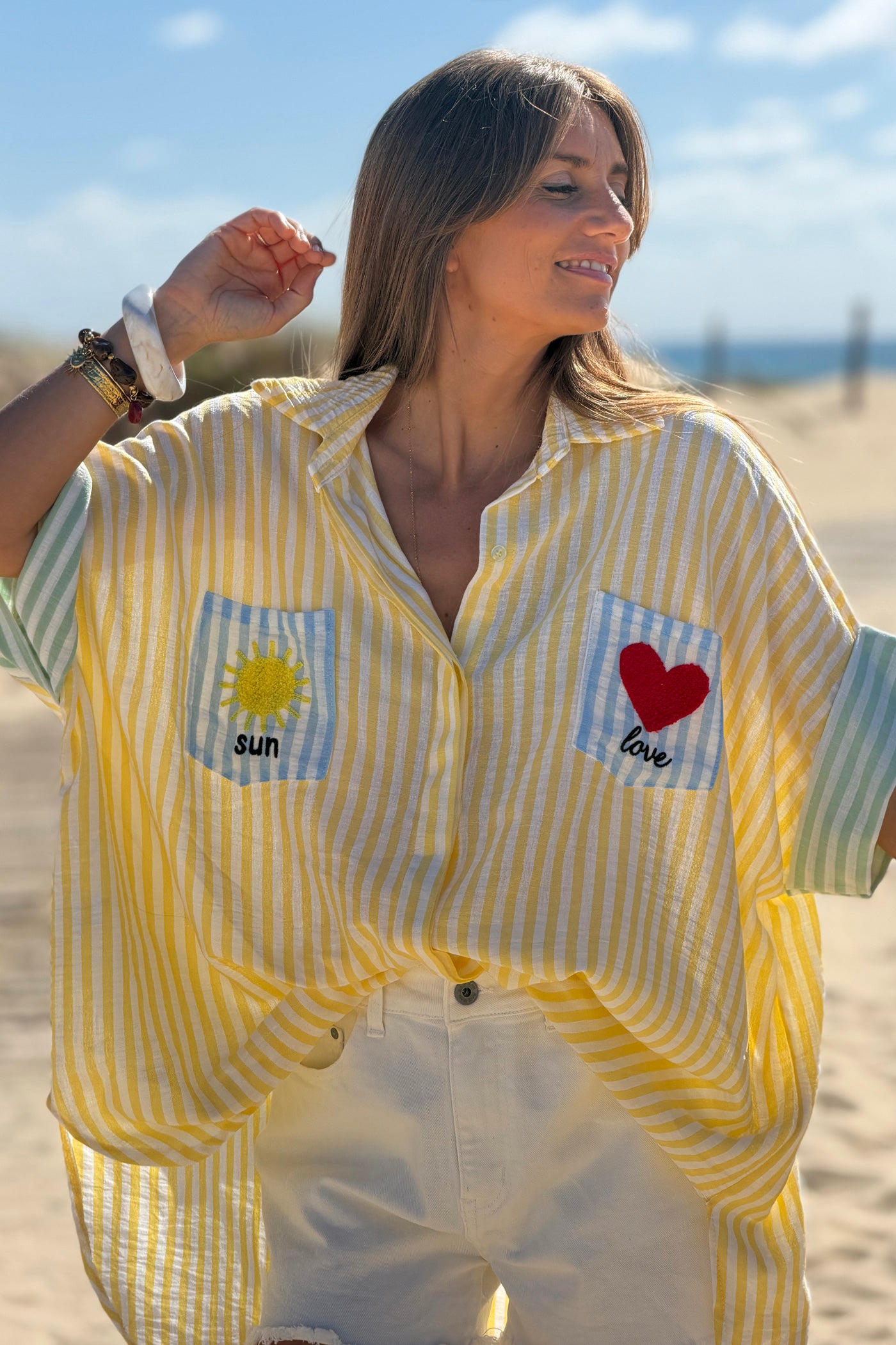 Yellow Pastel Pinstripe Embroidered Pocket Blouse