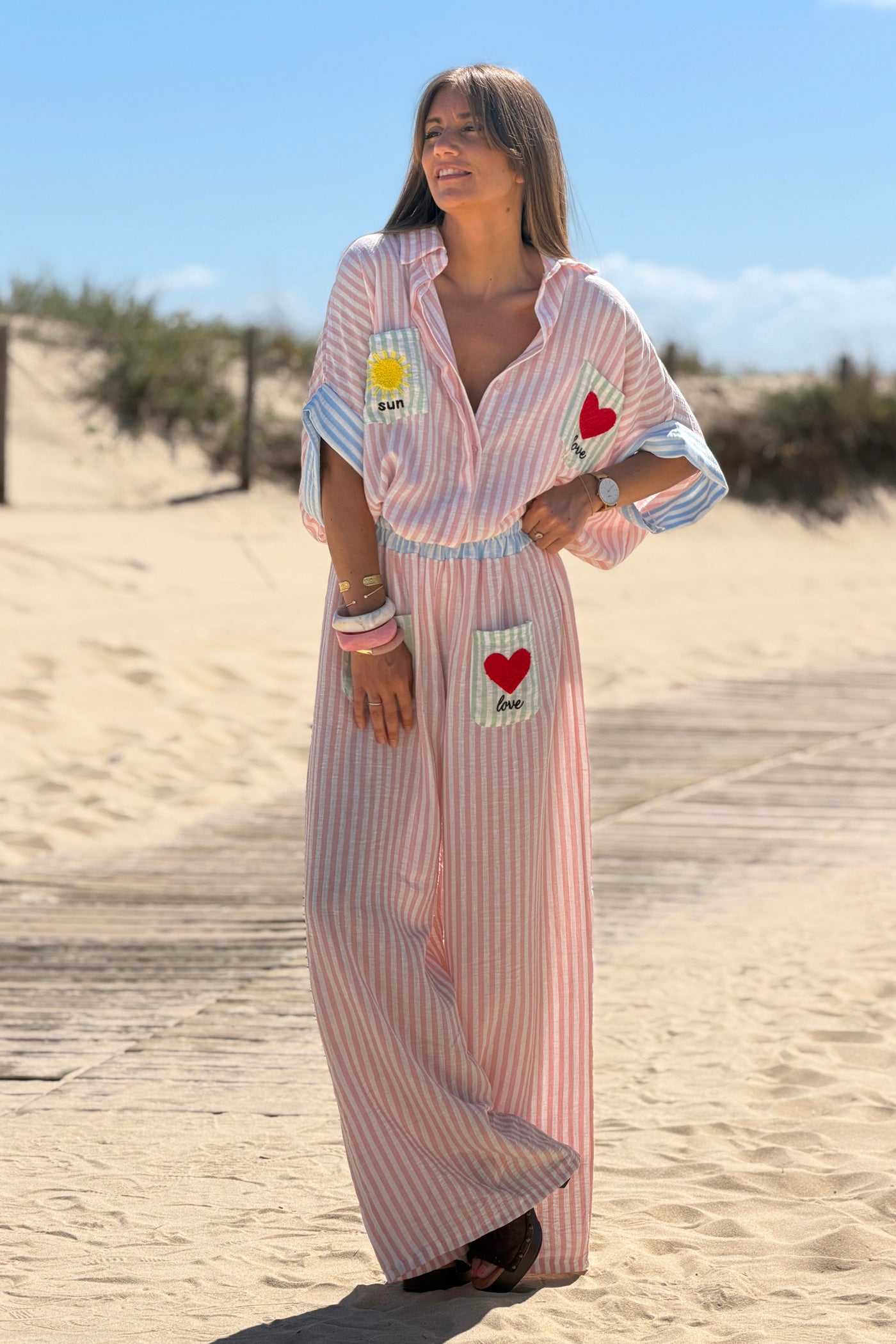 Pink Pastel Pinstripe Embroidered Pocket Blouse