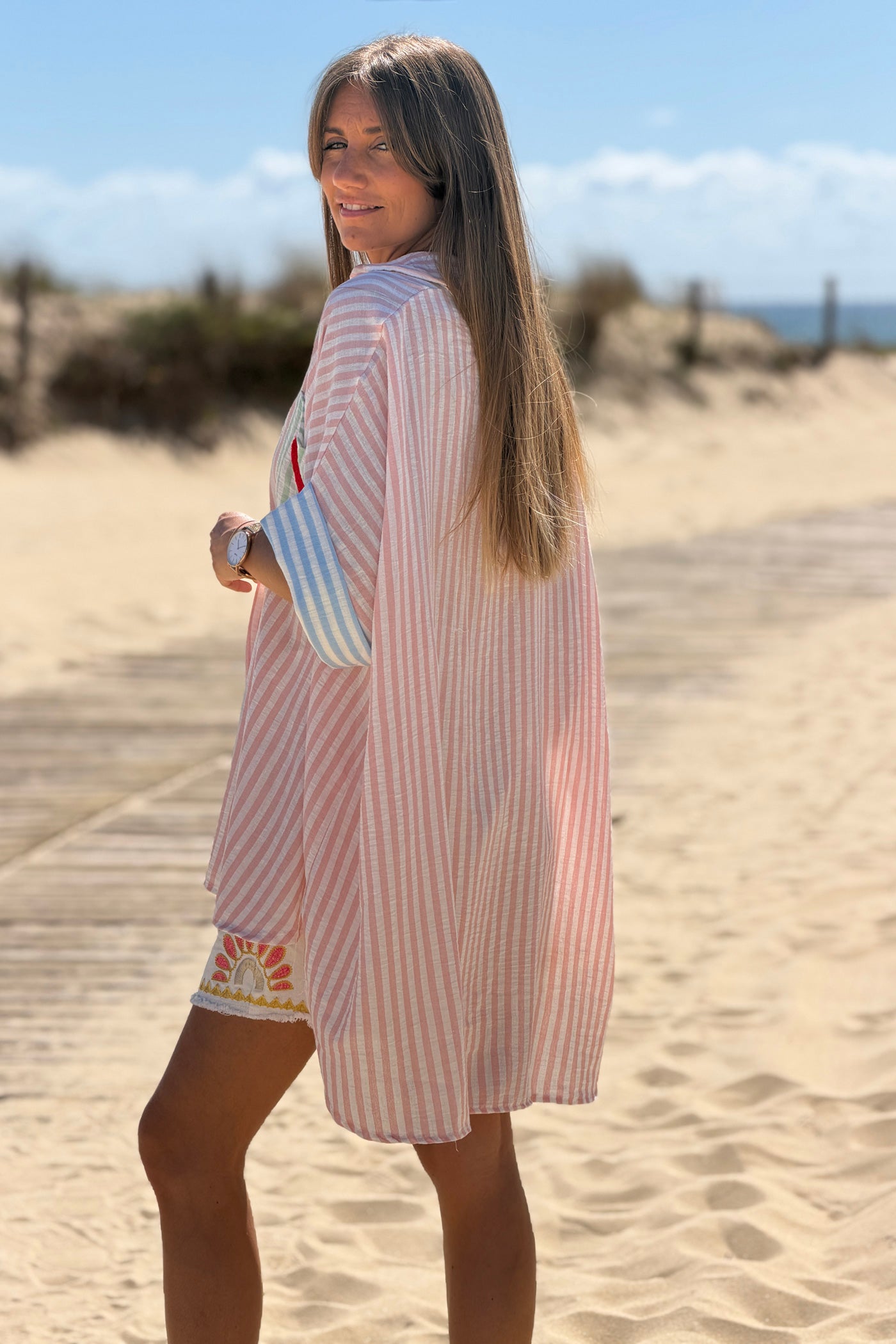 Pink Pastel Pinstripe Embroidered Pocket Blouse