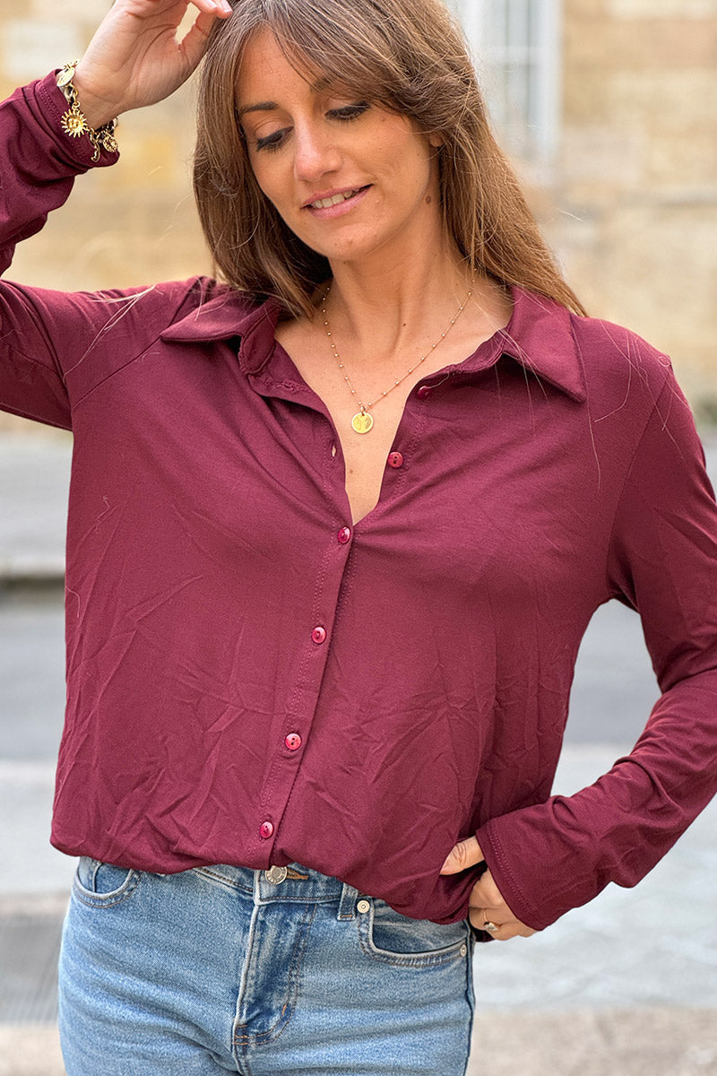 Burgundy Silky Button-Down Shirt