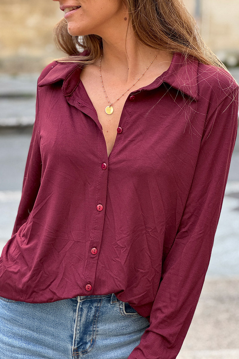 Burgundy Silky Button-Down Shirt