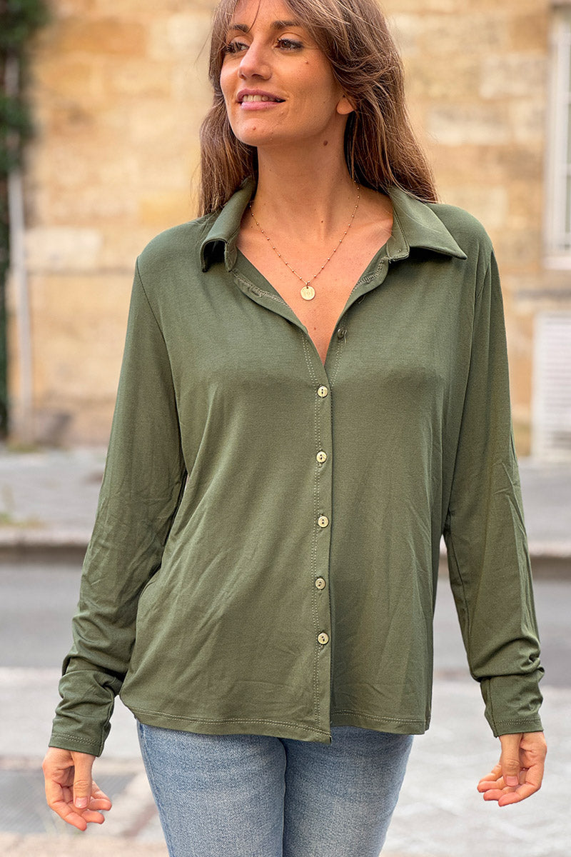 Olive Silky Button-Down Shirt
