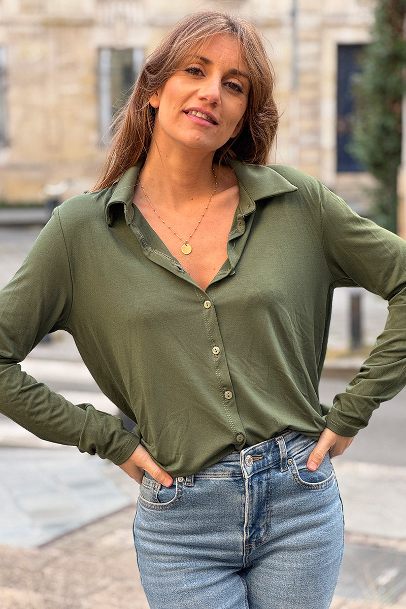 Olive Silky Button-Down Shirt