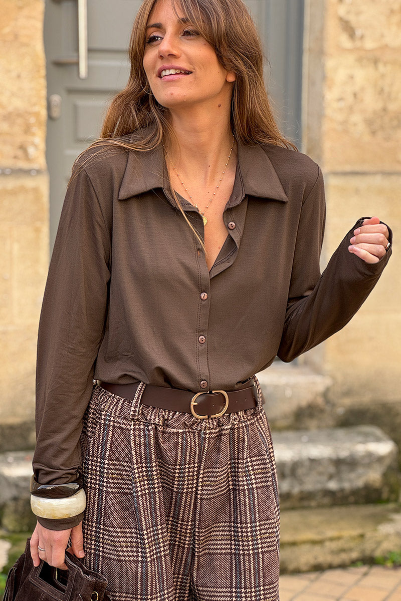 Chocolate Brown Silky Button-Down Shirt