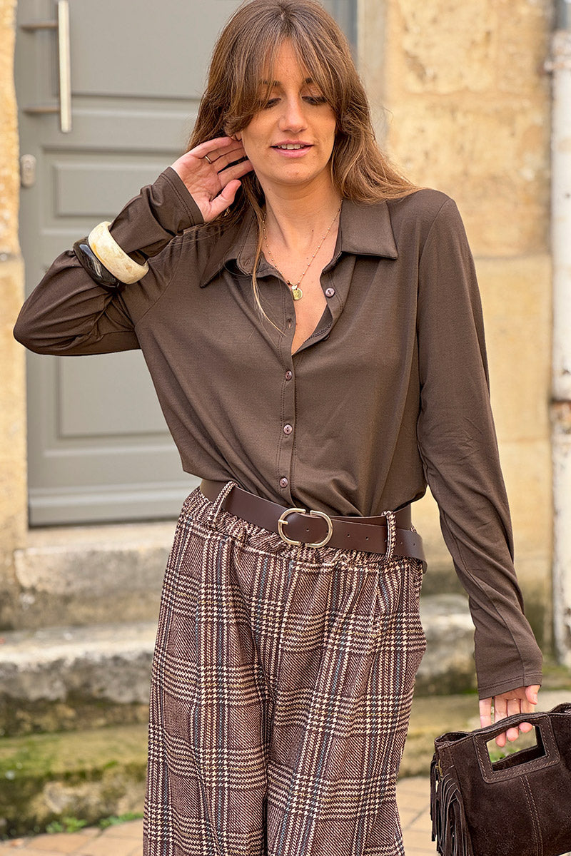 Chocolate Brown Silky Button-Down Shirt