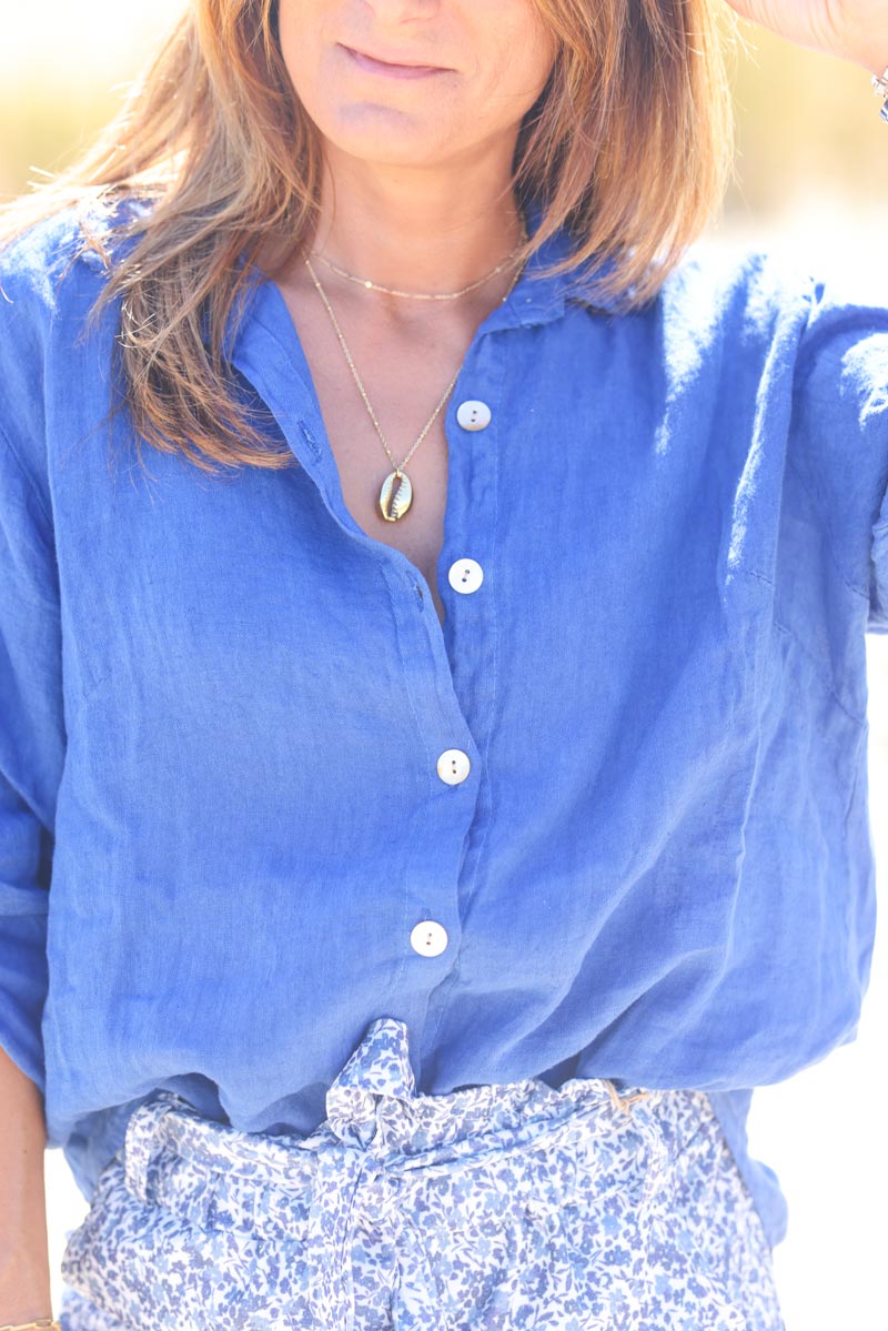 Royal blue linen shirt with mother of pearl buttons