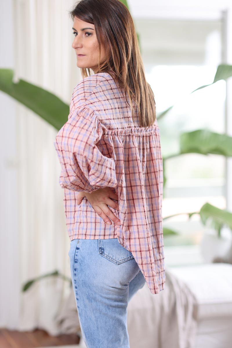 Pink checked cotton shirt with puff sleeves