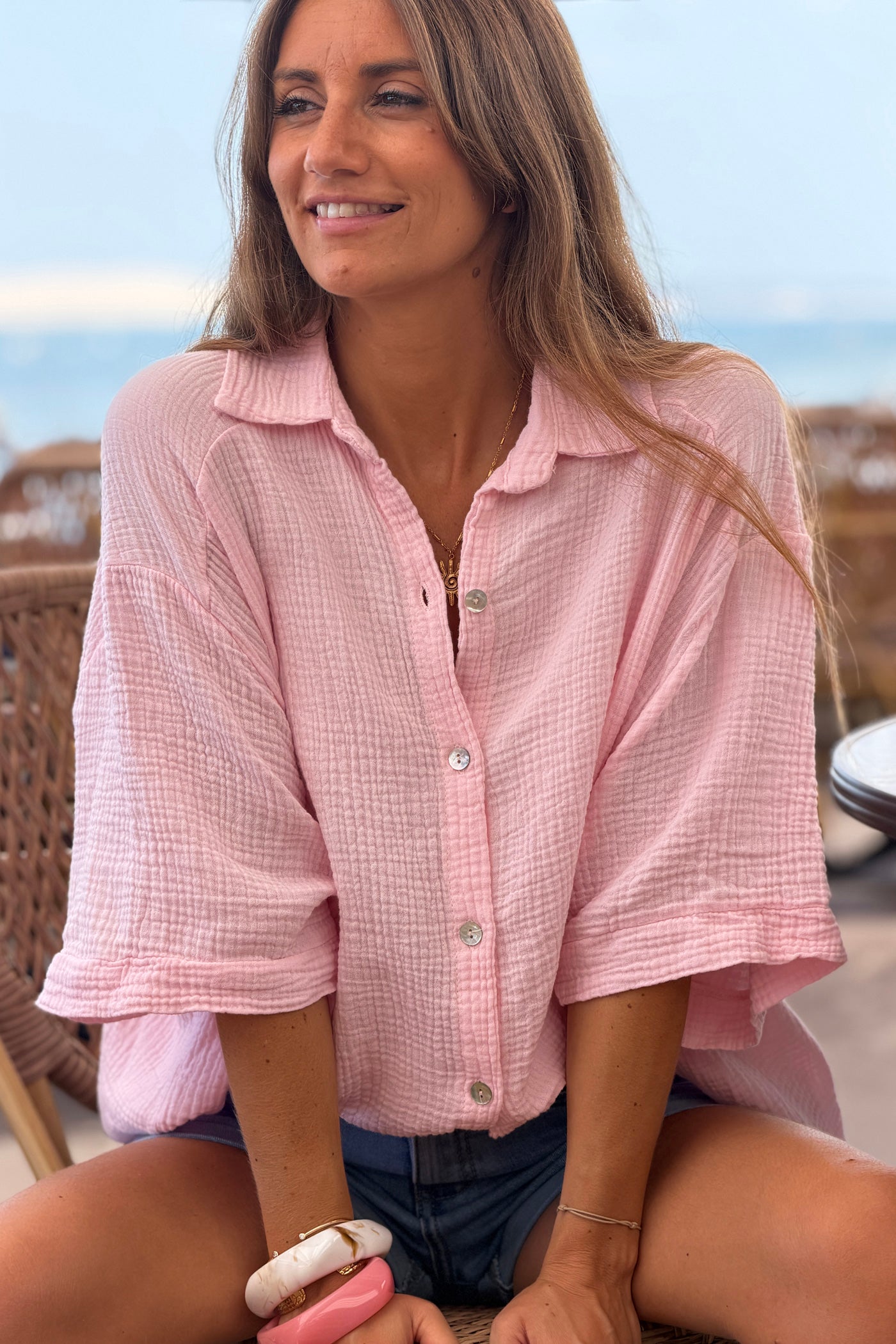 Pink “ICONIC” Crinkle Gauze Button-Down Top
