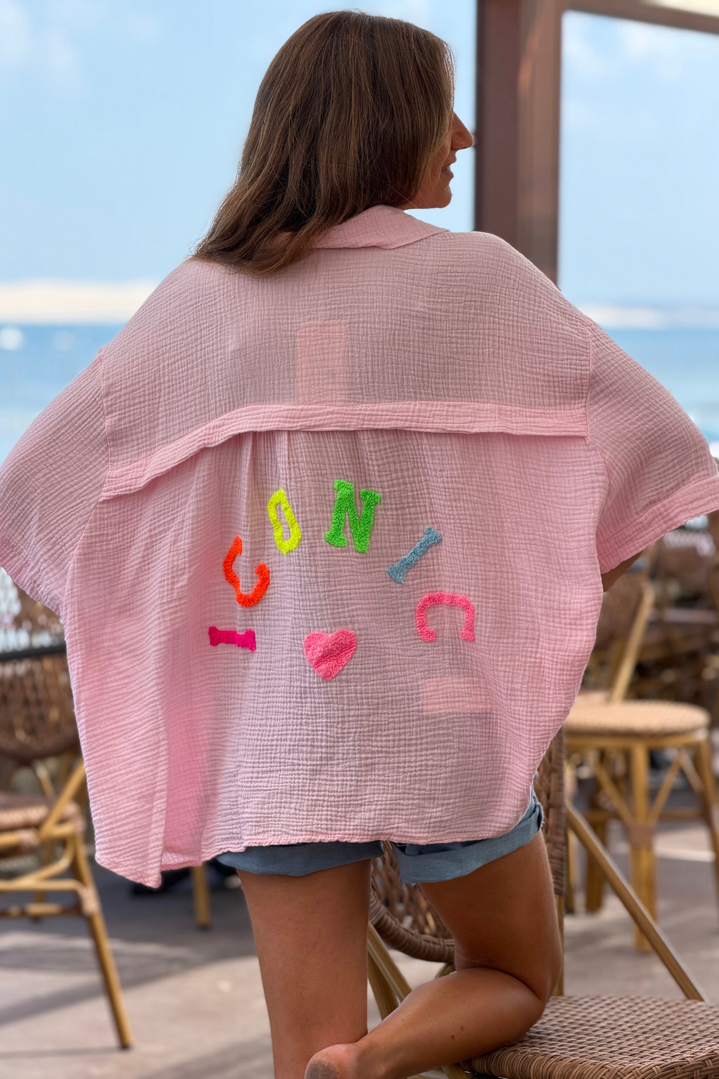 Pink “ICONIC” Crinkle Gauze Button-Down Top
