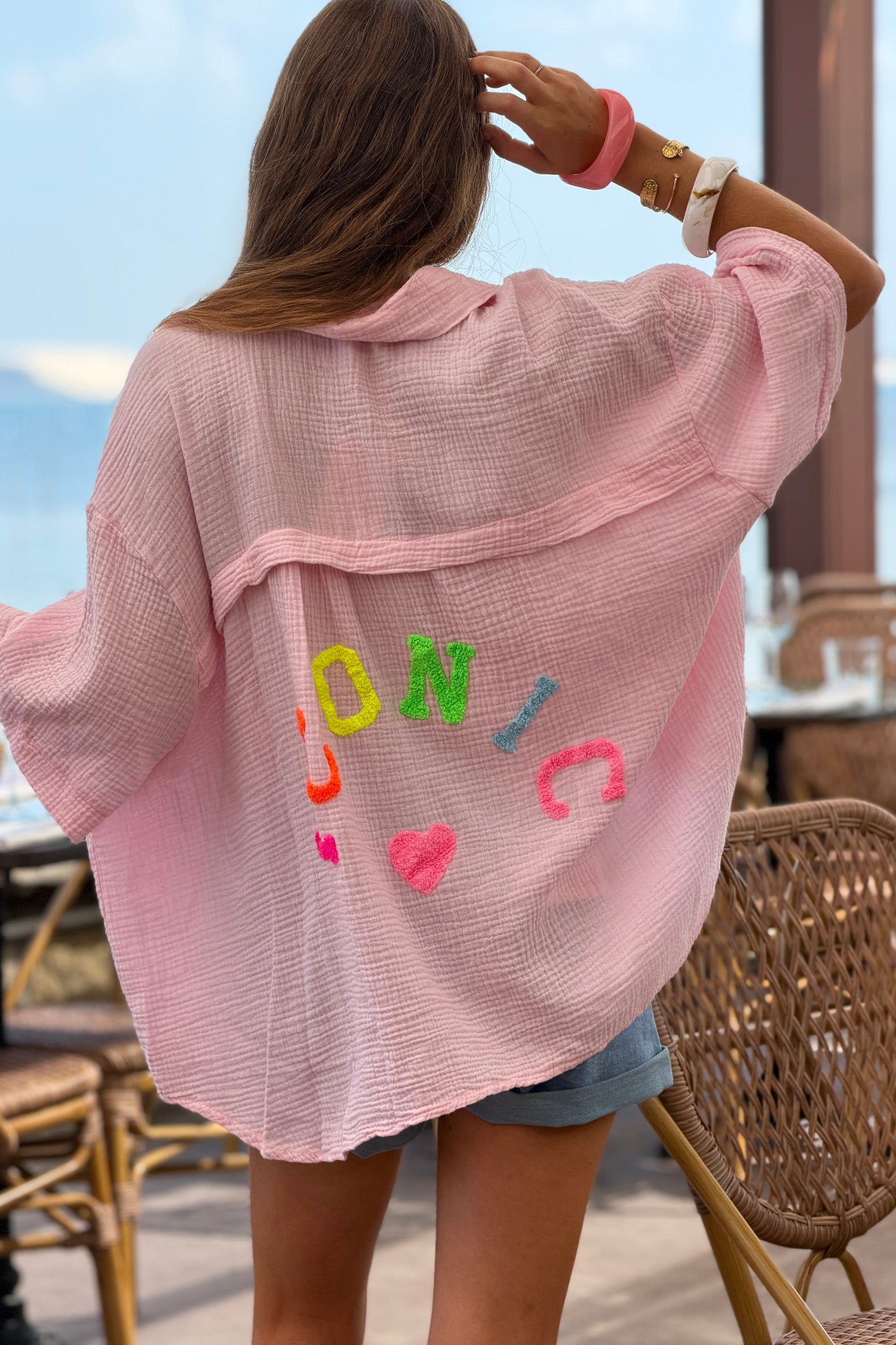 Pink “ICONIC” Crinkle Gauze Button-Down Top
