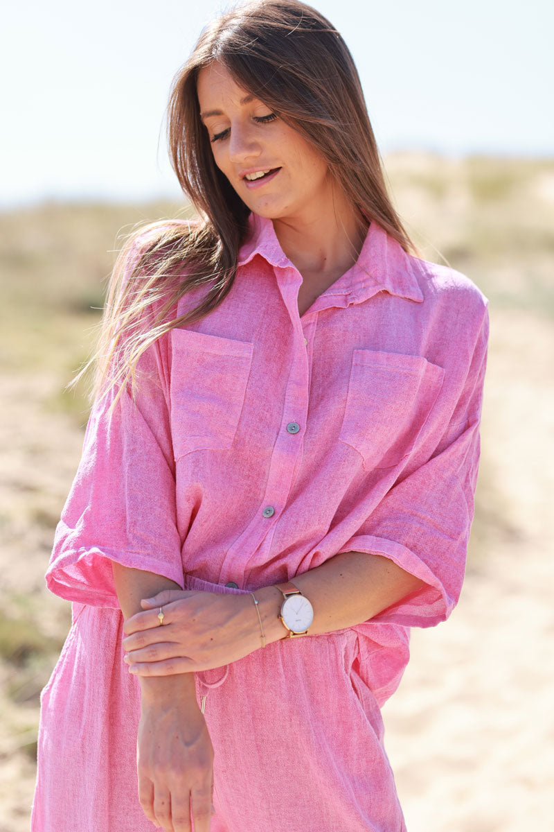 Fuchsia Soft Cotton Blouse with 3/4 sleeves and large Pockets