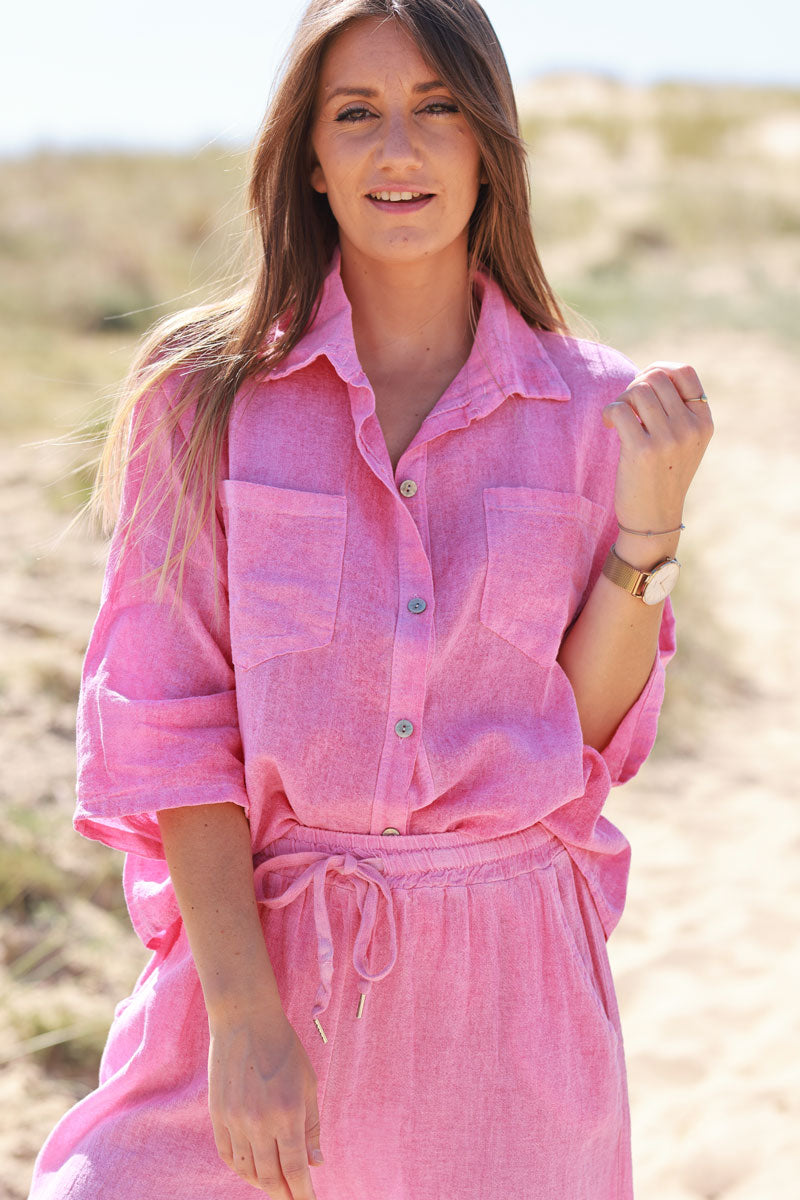 Chemise rose fuchsia délavé souple en coton manches 3/4 et grandes poches