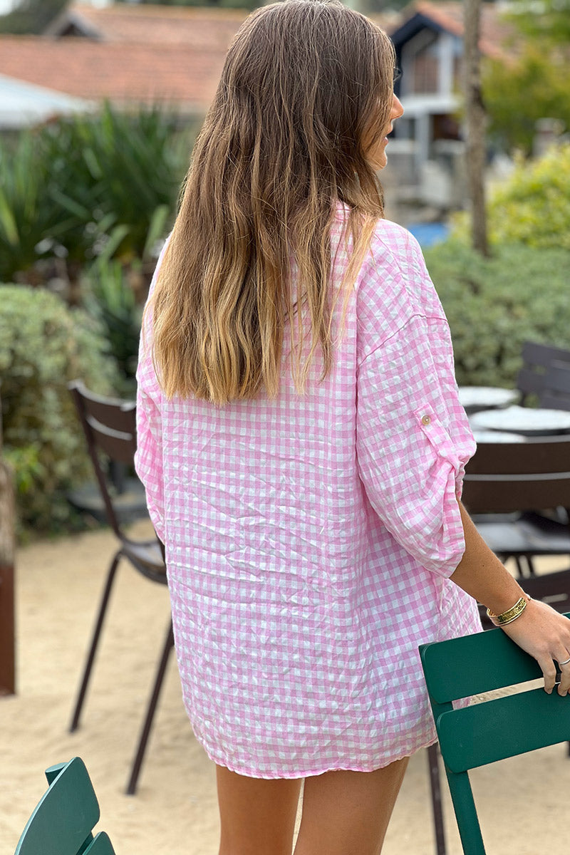 Chemise rose large manches 3/4 imprimé vichy