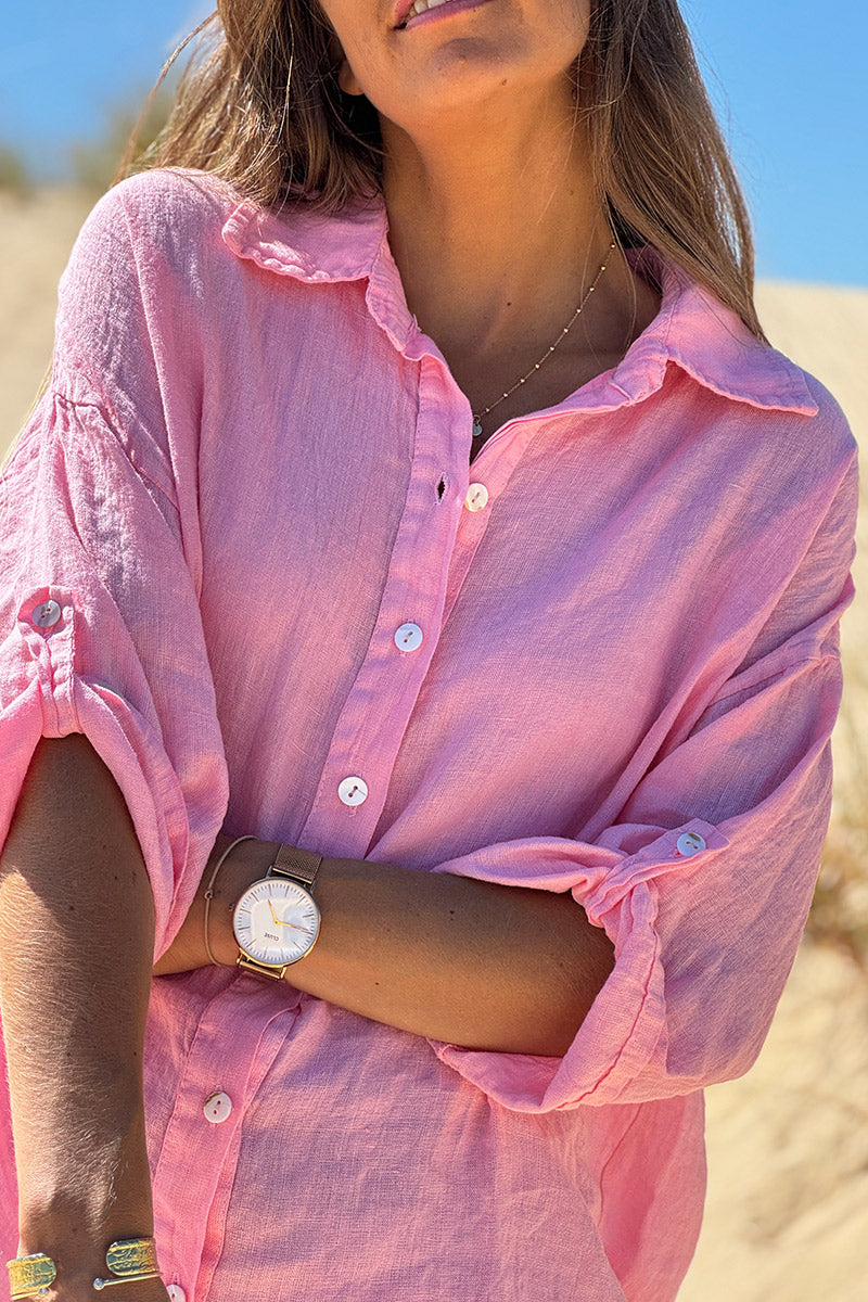 Pink Roll-Cuff Button-Down Blouse