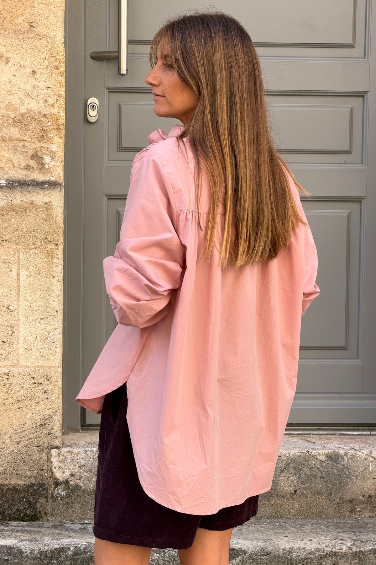 Blush Pink Ruffled Collar Button-Down Blouse
