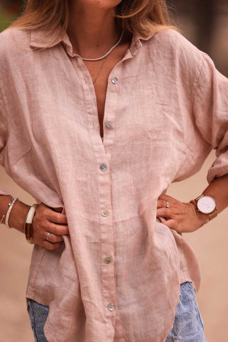 Powder pink linen shirt with mother of pearl buttons