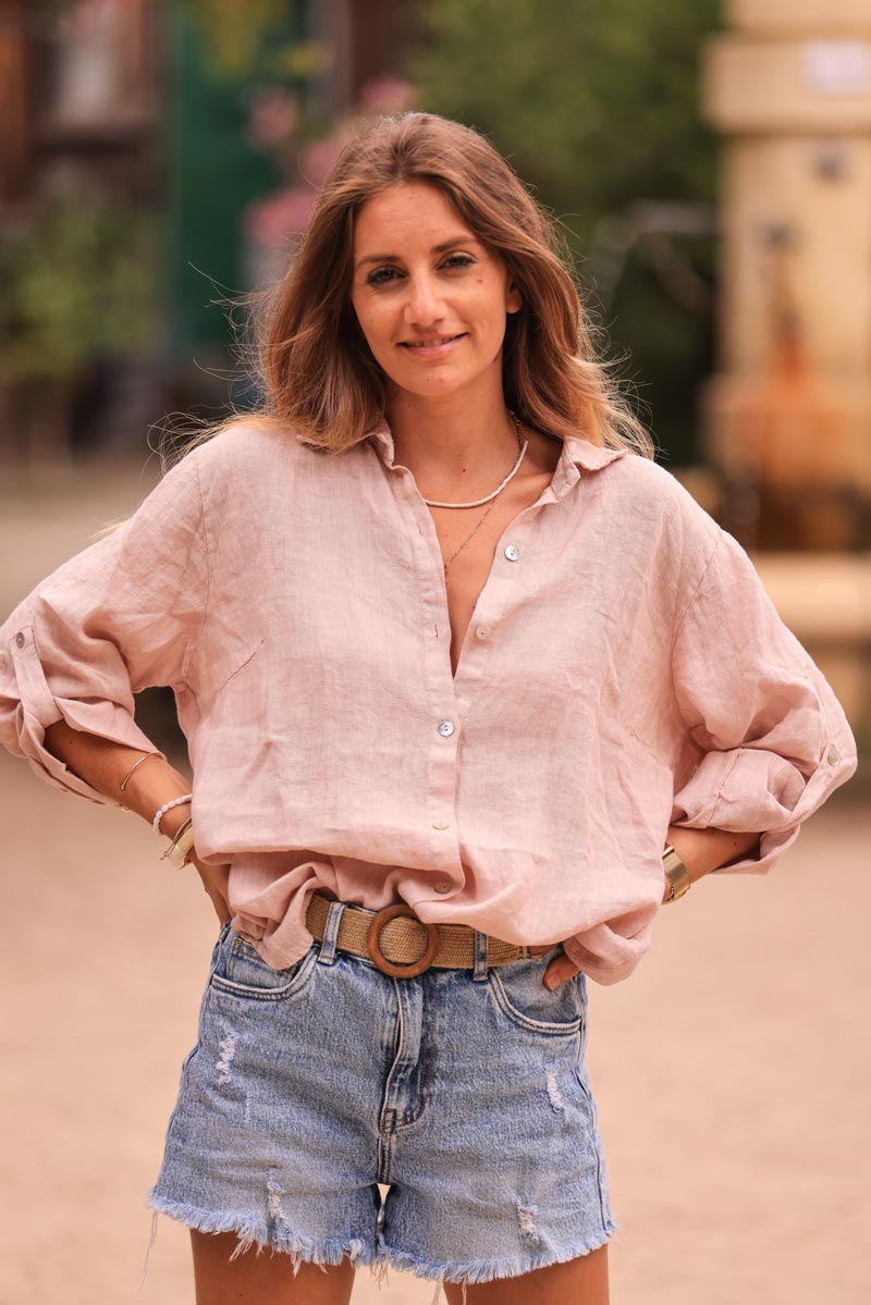 Powder pink linen shirt with mother of pearl buttons