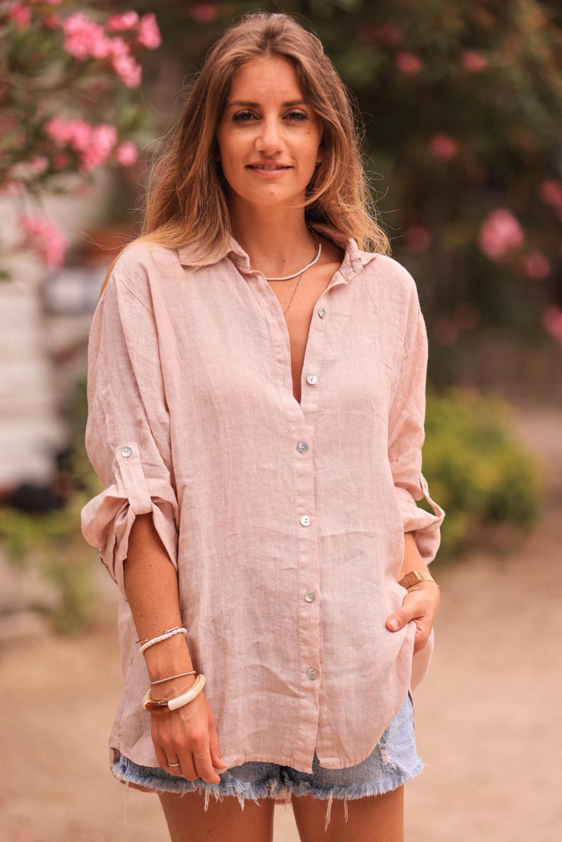 Chemise rose poudré en lin boutons nacrés