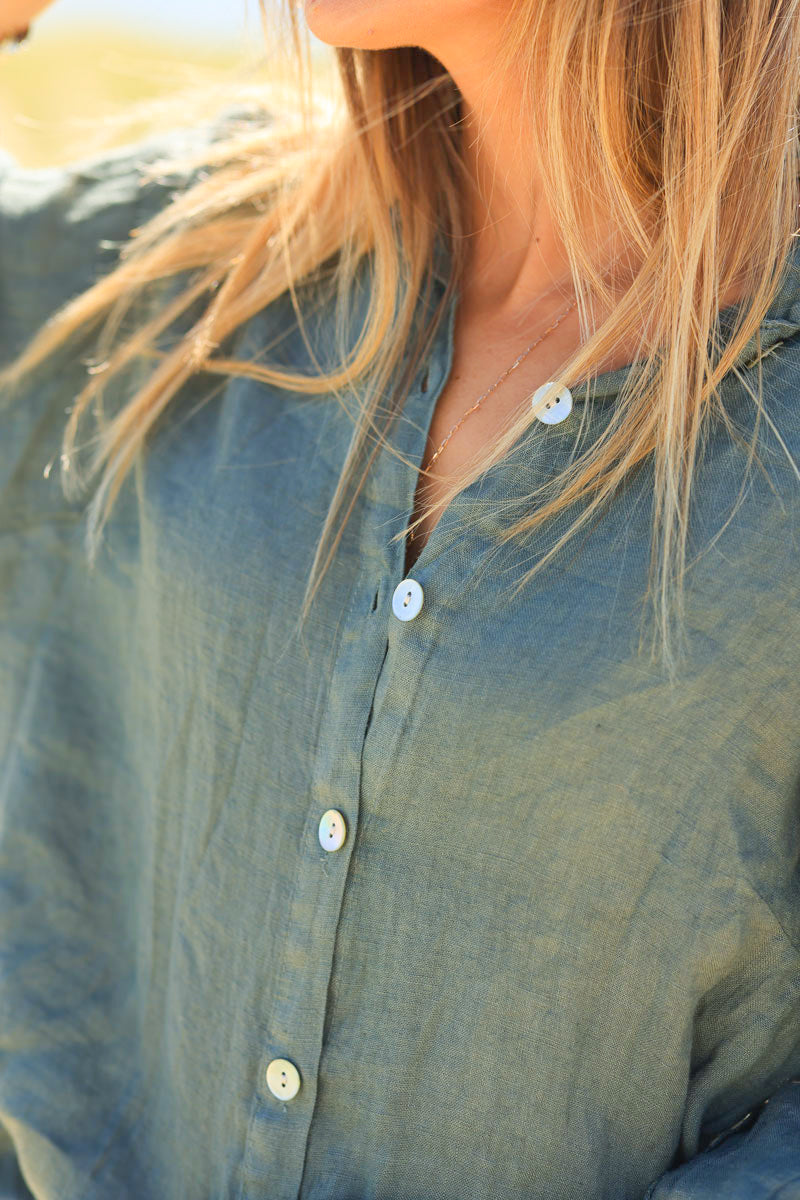 Chemise sauge en lin boutons nacrés